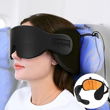 SARISUN Travel Pillow for Airplanes Sleep, Seat Strap for Stable Support | Airplane Pillow Head Strap with 3D Eye Mask, Stop Bobblehead, 360 Headrest Support for Long Flight Road Trip, Yellow