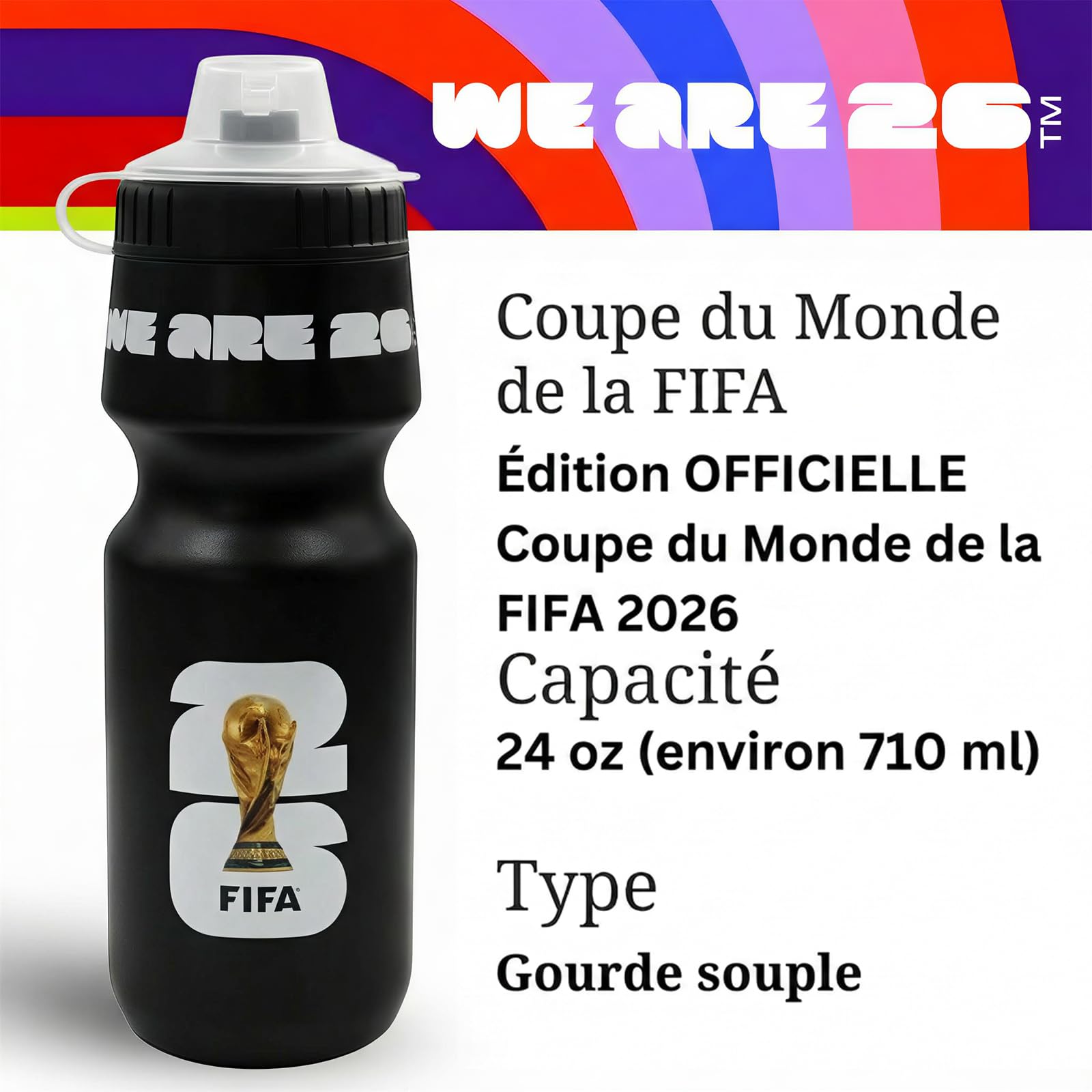 FIFA World Cup 2026 Official Gift, Gourde Officielle FIFA Coupe du Monde 2026 – 700 ml – Bouchon à Poussoir – Sans BPA, Réutilisable, Lave-Vaisselle – Sport, Vélo, École, Travail