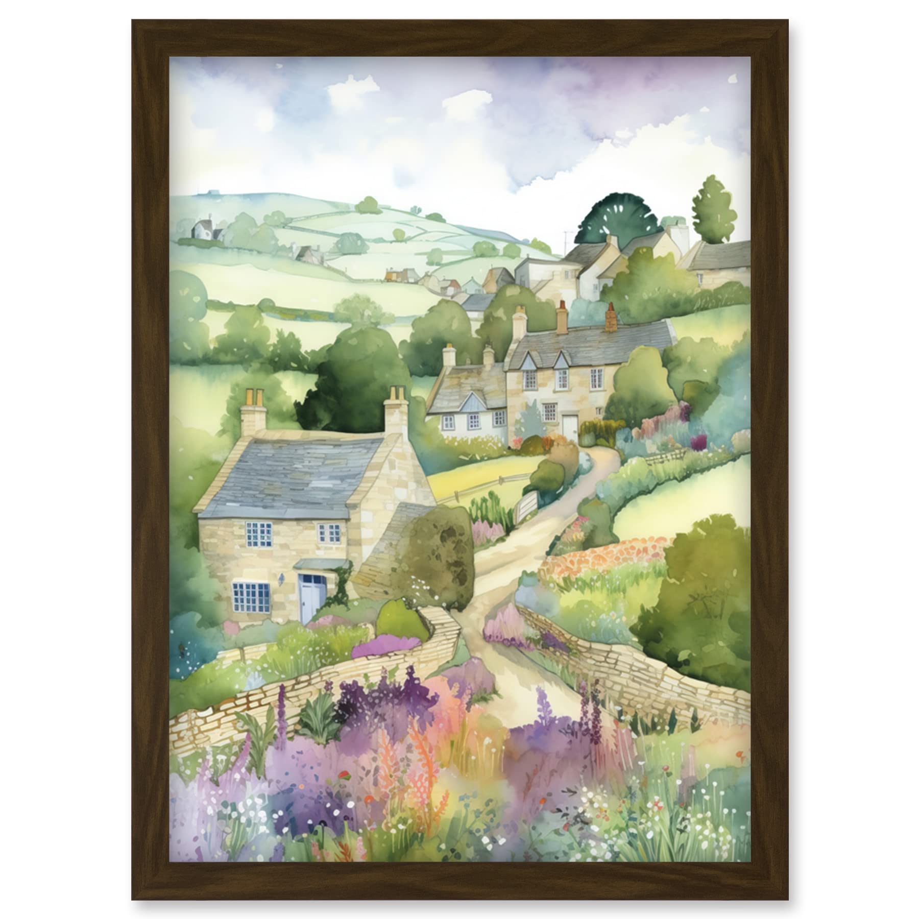 Countryside Spring Landscape Watercolour Painting Artwork Framed Wall Art Print A4 - Artery8