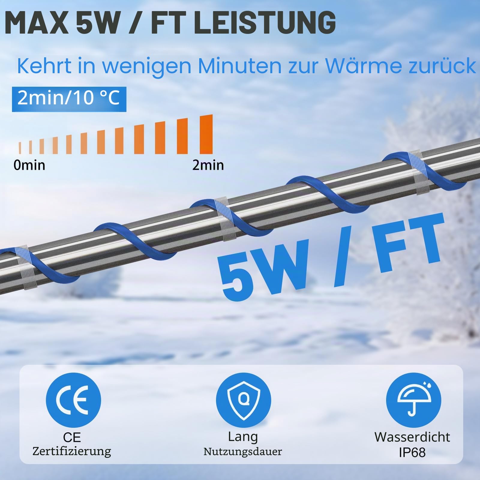 7.6M Frostschutz Heizkabel, 25W/M Selbstregulierendes Heizkabel mit Thermostat, Frostschutz, Wasserdicht Begleitheizung Heizkabel für Wasserleitung, Dachrinnen, Pflanzen, Weidetrögen, 230V IP67