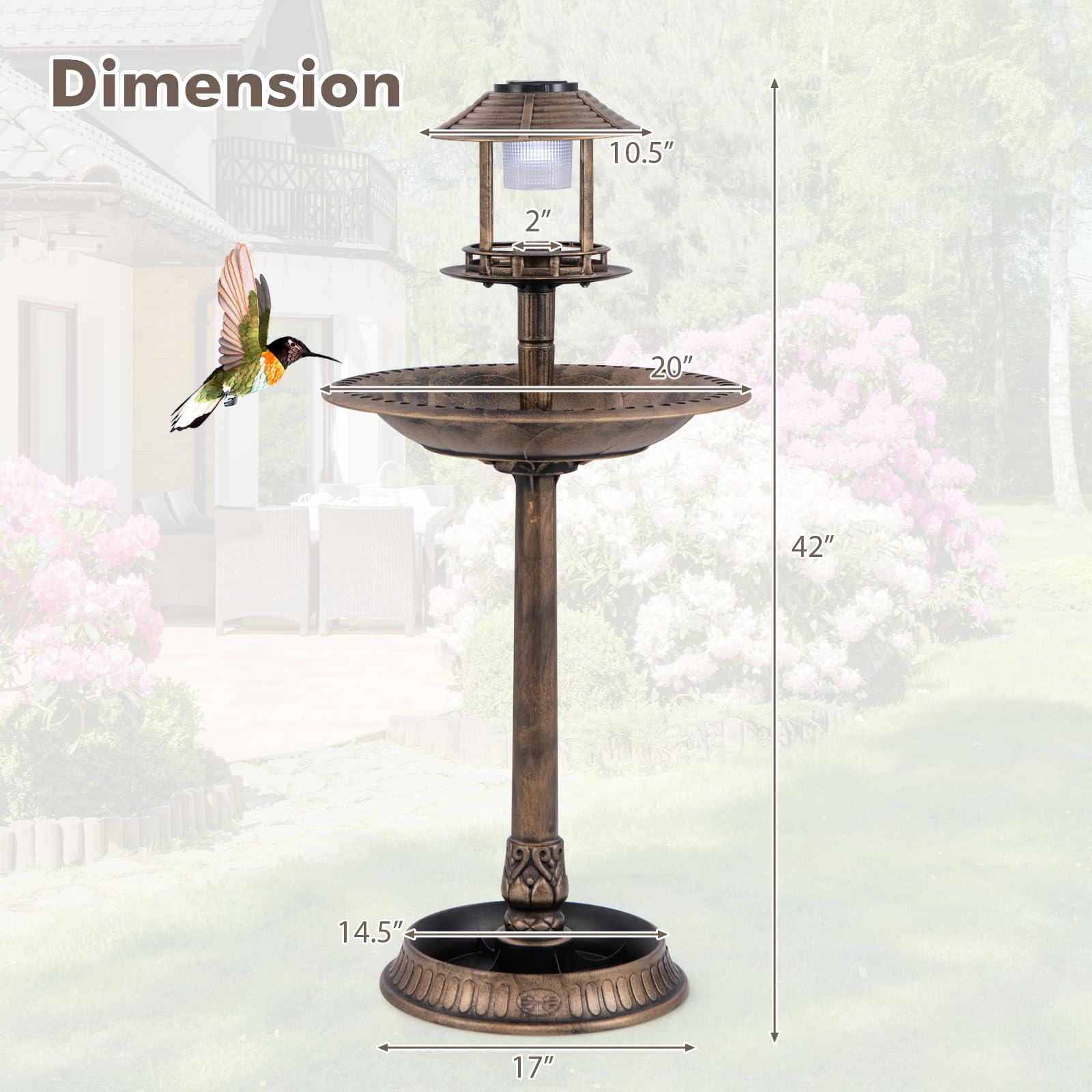 PETSITE Vasca per uccelli a energia solare, con piedistallo con mangiatoia per uccelli, base per fioriere e lampada a energia solare, vasca per uccelli in piedi per esterni, giardino o cortile