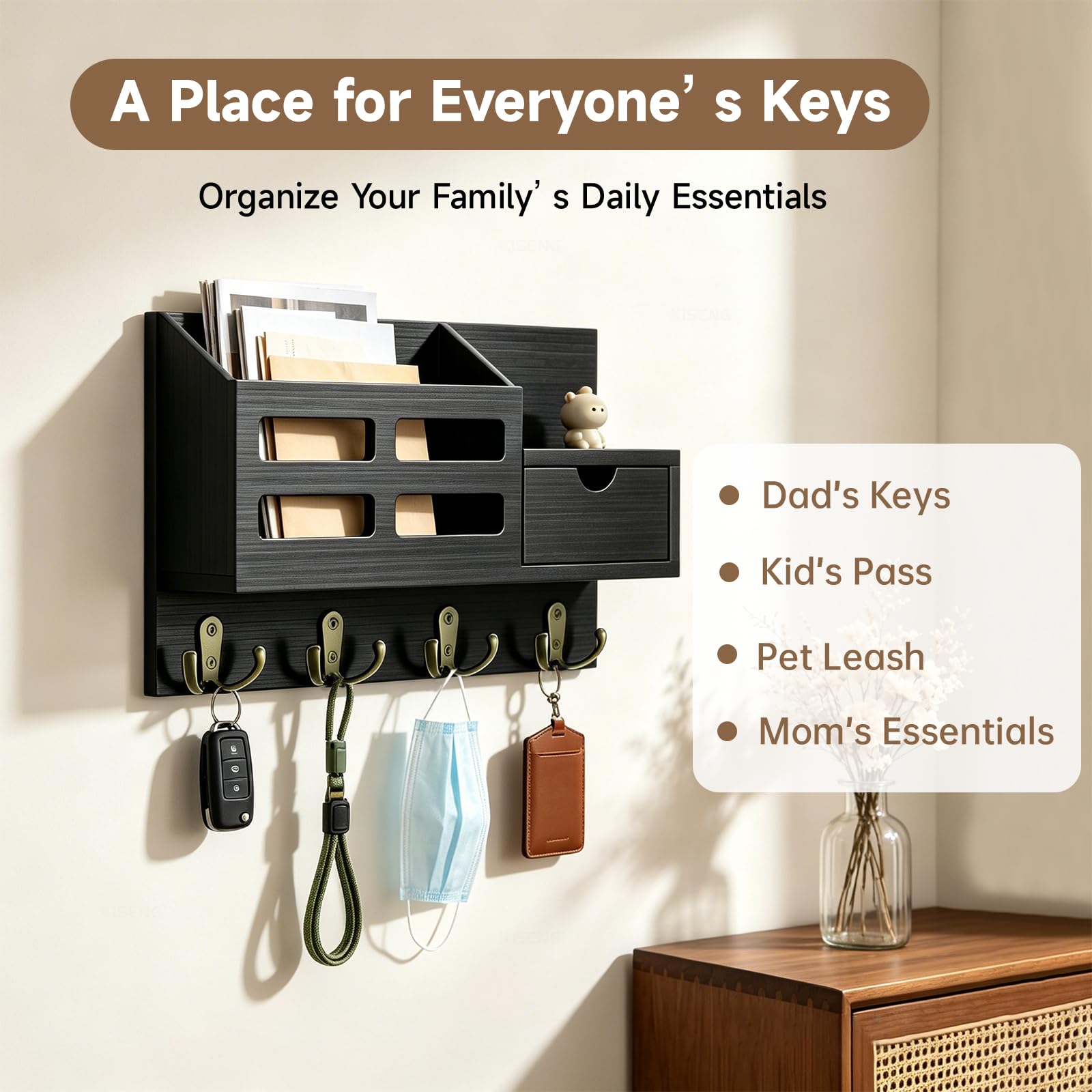 Black Key Holder Wall Mount with Drawer & Mail Slot -6