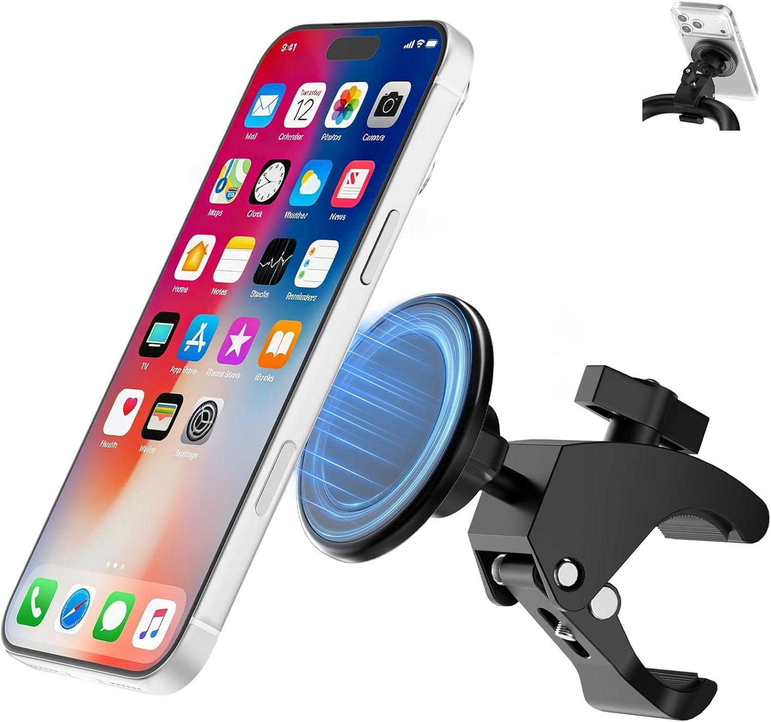 SHOPEE Phone Holder,Compatible with MagSafe,20 x N52 Strong Magnets with Clamp Mount,Magnetic Handlebar Mount for Treadmill/Peloton/Spin Bike/Gym/Shopping/Golf Carts, iPhone 12–17 & Android-image-33