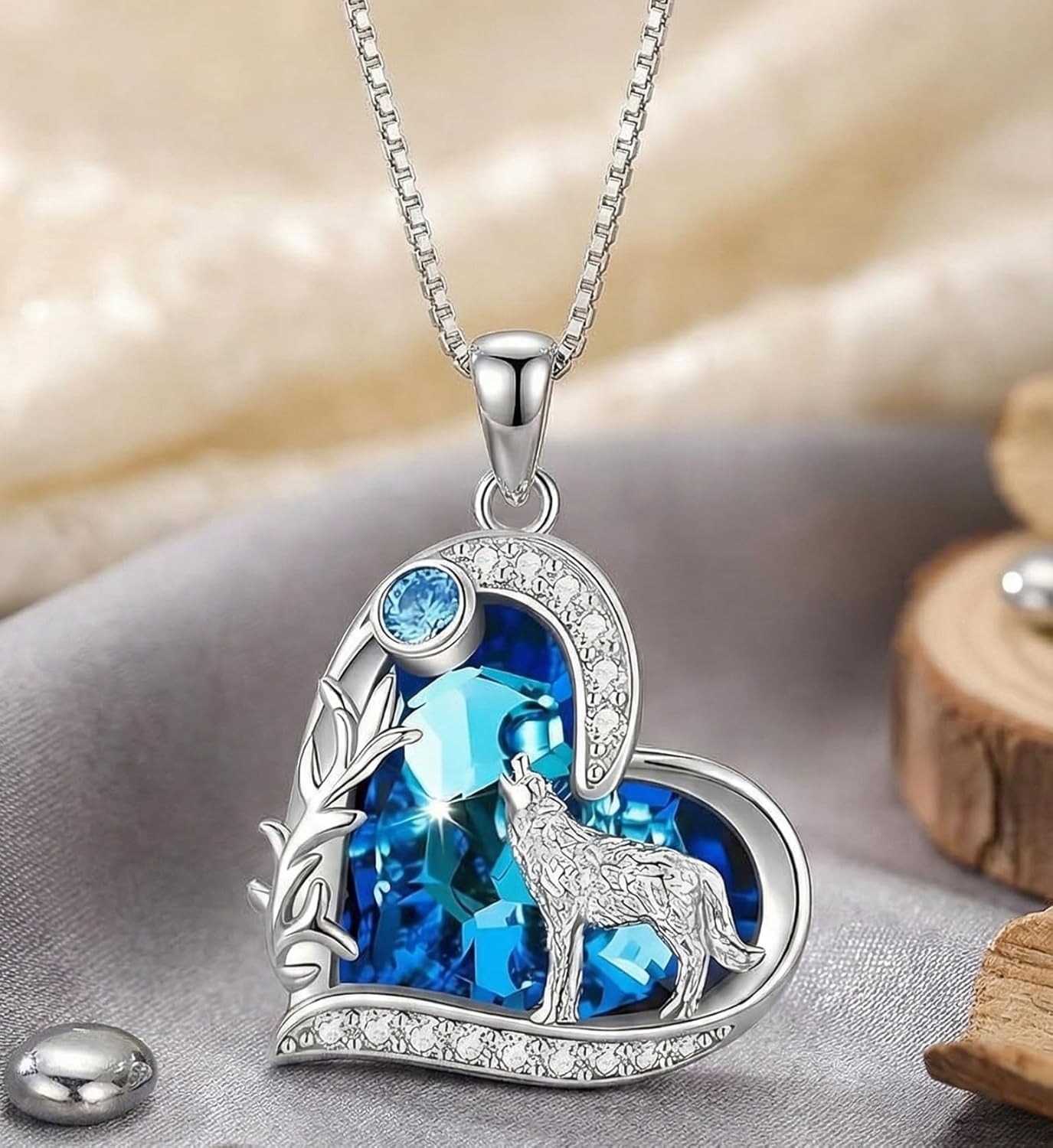 Howling Wolf Necklace - Silver Pendant With Blue Ocean Heart Stone Charm - Birthday Gift for Her, Women's Jewelry for Wolf Lovers - Image 2