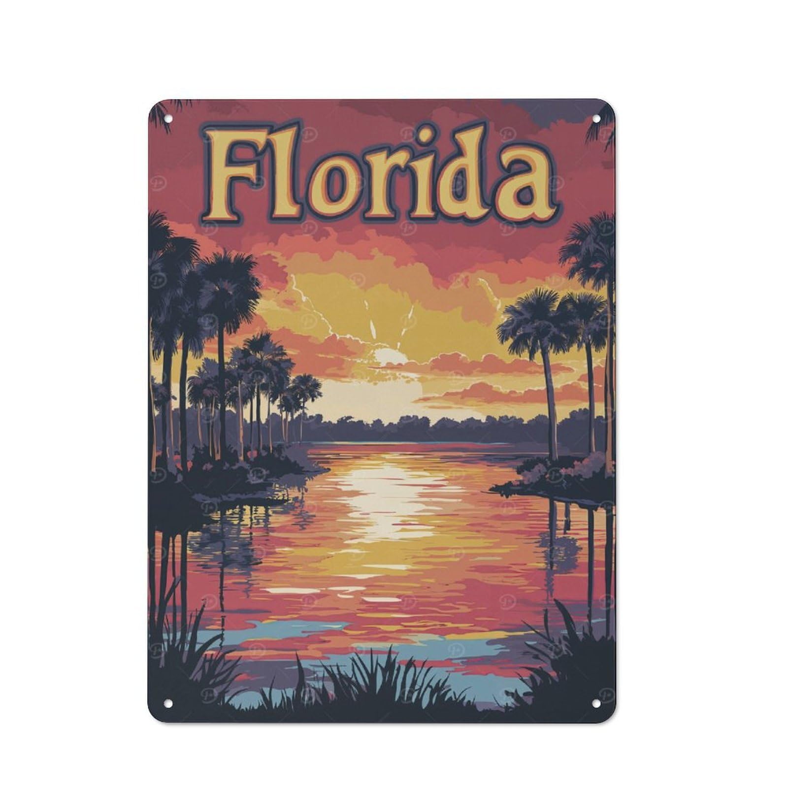 Junmoney Florida Sunset Landscape Retro Metal Sign 40X30cm, Distressed Look Retro Room Decor For Living Room, Hallway, Kitchen Or Cafe
