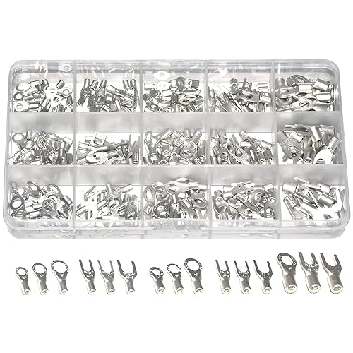 280 piezas AWG 22-16 16-14 12-10 Terminales de horquilla de anillo de cobre estañado no aislados, kit surtido de conectores de cable eléctrico