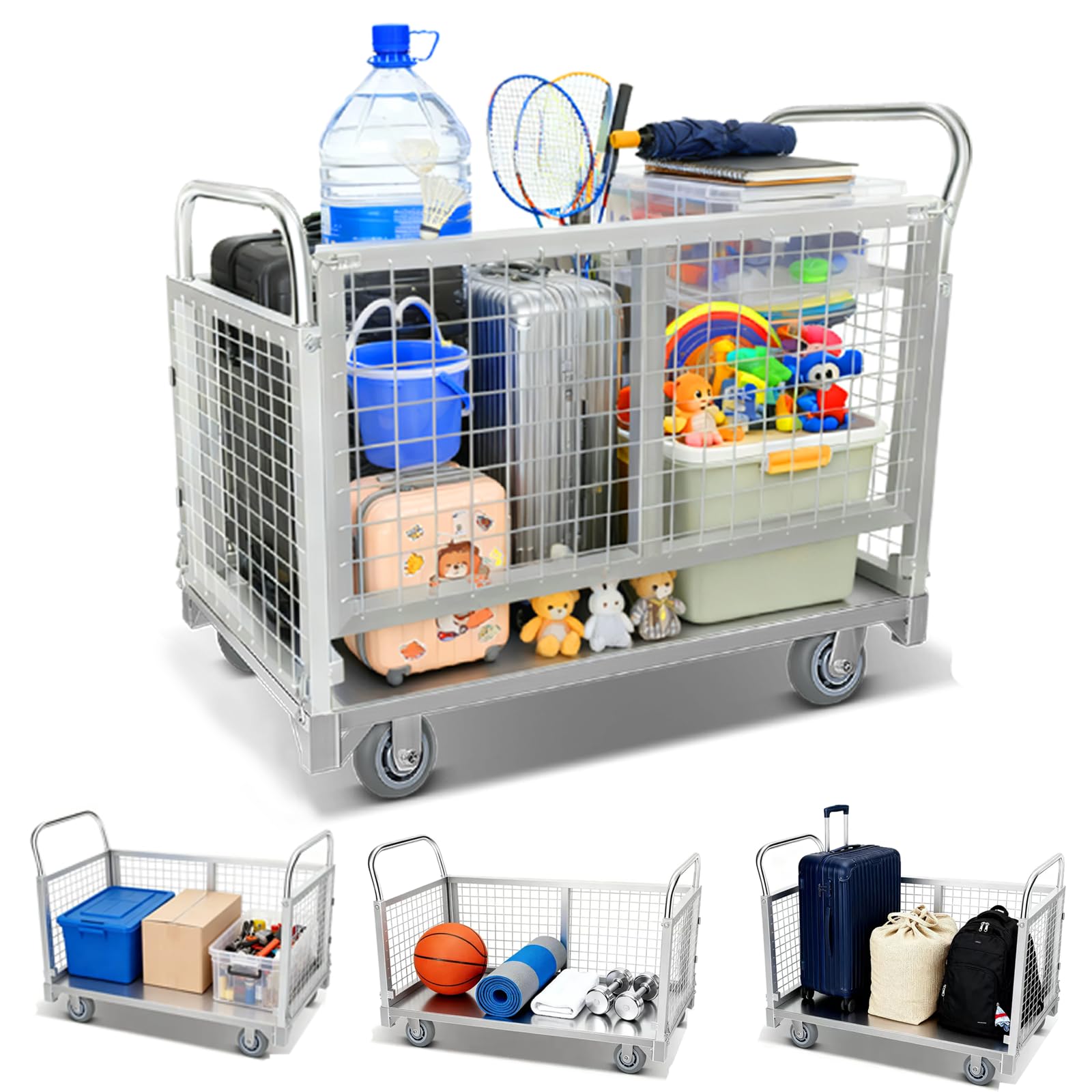 3000LBS Platform Truck Cart with Cage, 6- in - 1 Heavy Duty Platform Carts, 40" L×23" W×38" H Flatbed Carts with Wheels, 360-Degree Rotatable Platform Truck Cart for Warehouse Grocery Garage