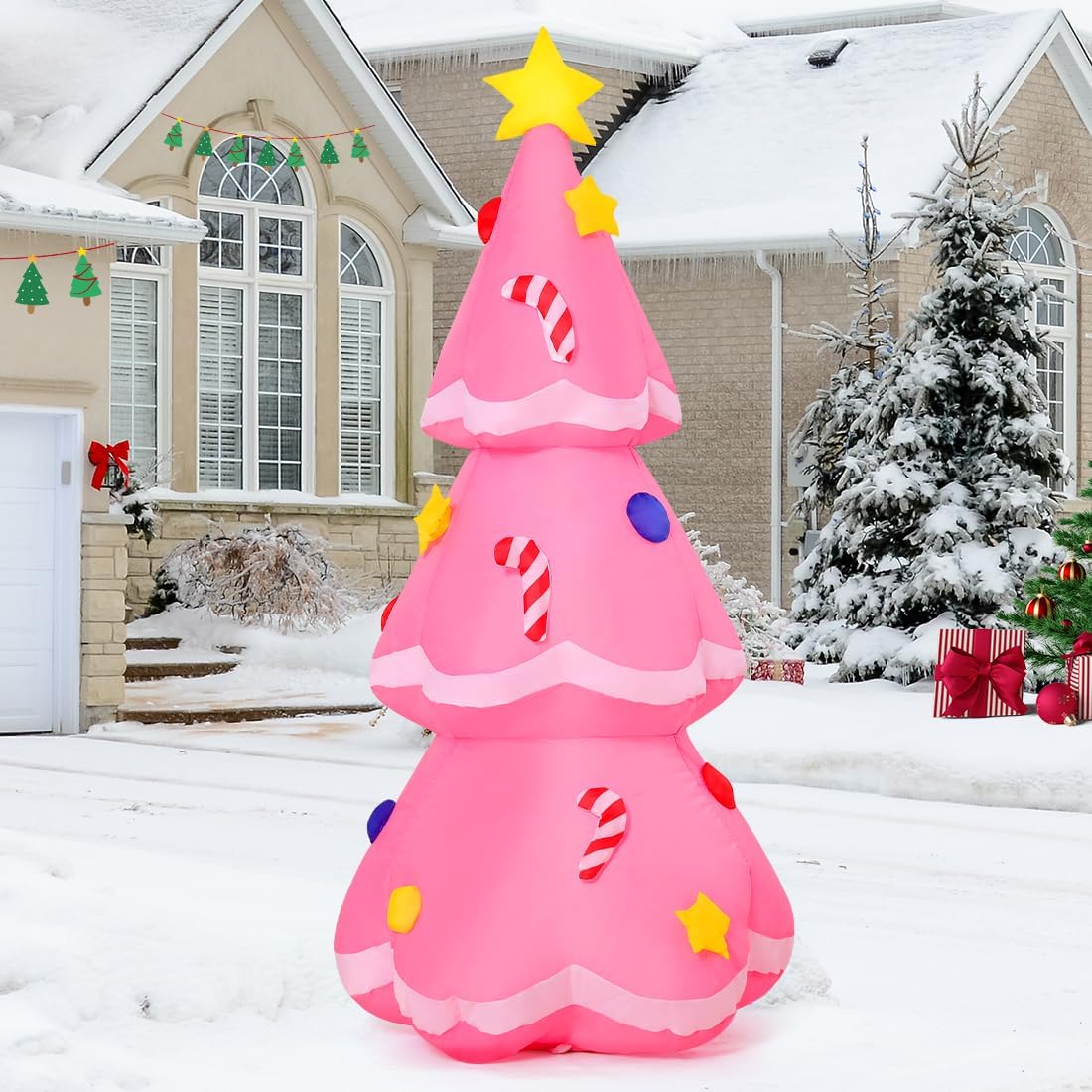 GOOSH 5 FT Christmas Inflatables Pink Tree with Built-in Music Box & LEDs Outdoor Decorations Blow Up Tree Yard Decoration for Xmas Holiday Party Indoor Garden Lawn Decor