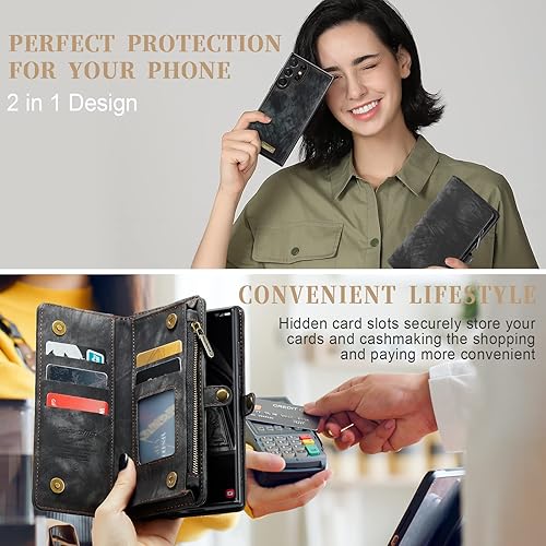 Miniatura 7 de Kowauri Funda tipo cartera para Samsung Galaxy S23 Ultra, cartera de cuero con cremallera y tarjetero para la muñeca, desmontable, magnética, a