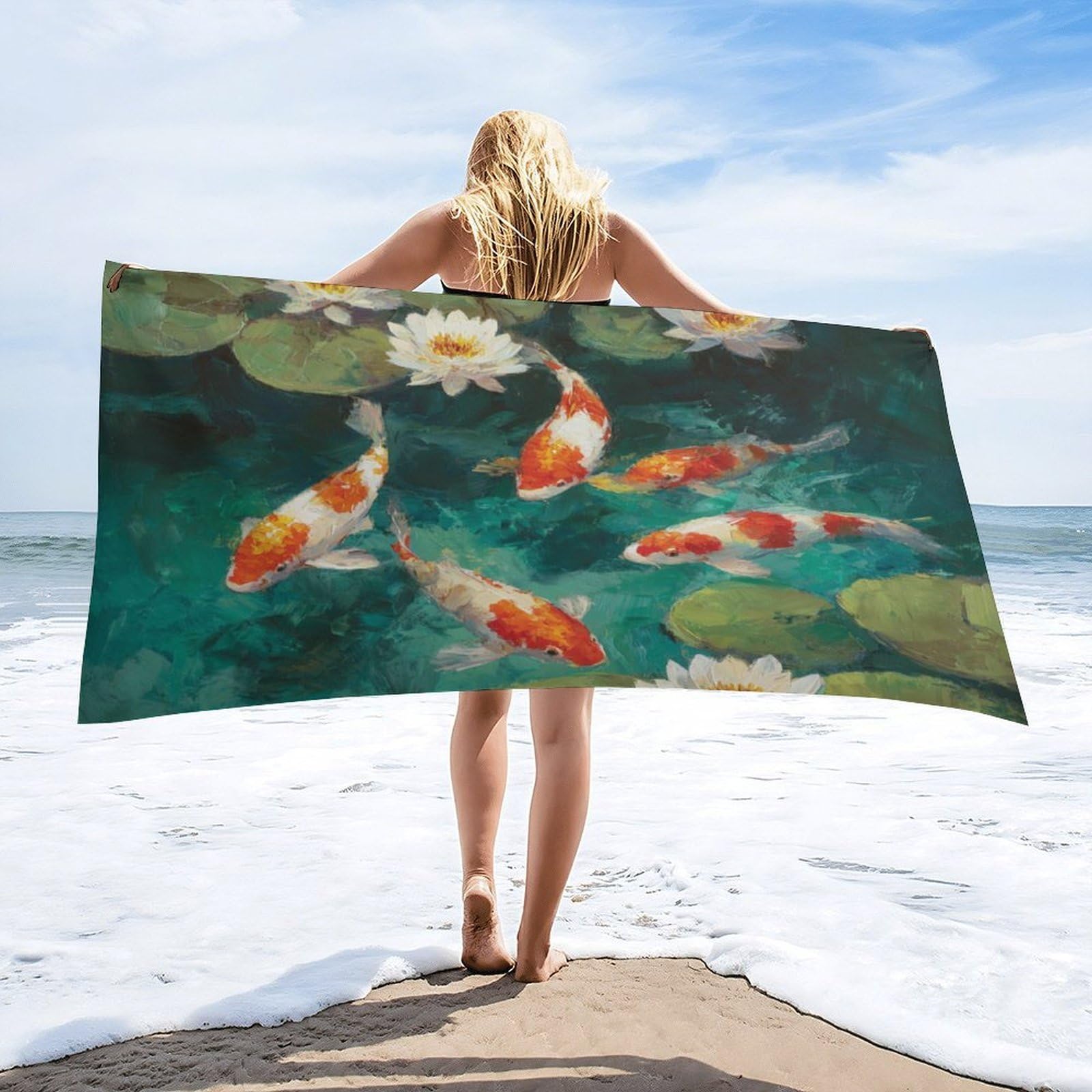 Luyysky Rustic Realistic Japanese Fish Absorbent Beach Towel, Asian Classic Botanical Plant Lotus Flowers Lotus Leaves Animal Fish Outdoor Single-Sided Velvet Beach Towel-80 W Cm X 160" L Cm