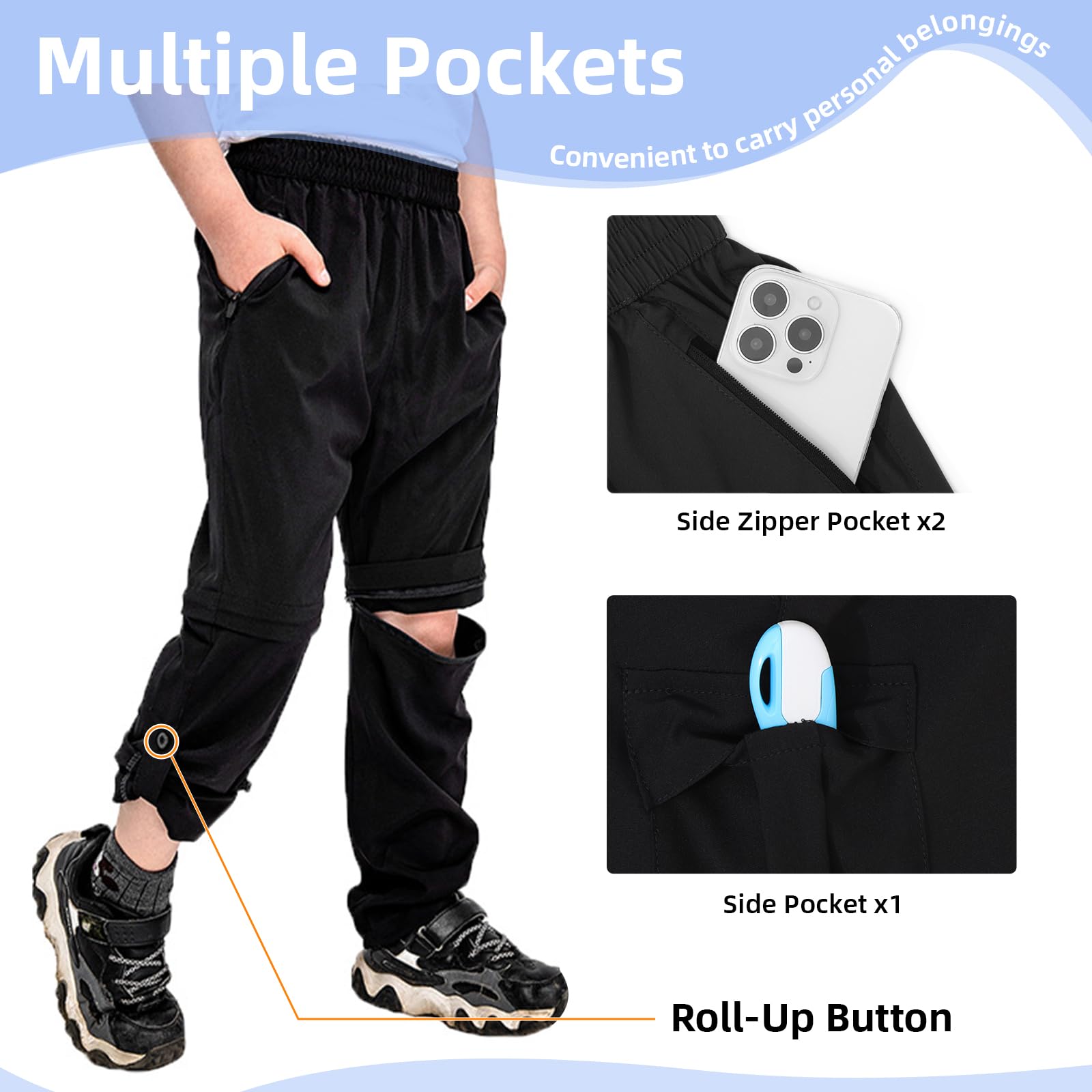 SUKUTU Pantalon zippé 2 en 1 pour Enfants Garçons et Filles Pantalon de Randonnée à séchage Rapide pour Le Printemps et l'été Short léger pour l'extérieur