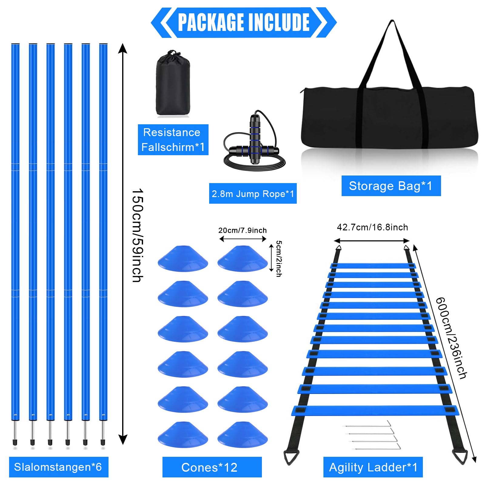 Slalomstangen Fussball Trainingszubehör mit 6 Slalom Poles, Koordinationsleiter 6m, 12 Hütchen, Springseil und Resistance Fallschirm, Fußball Trainingsset für Koordinationstraining