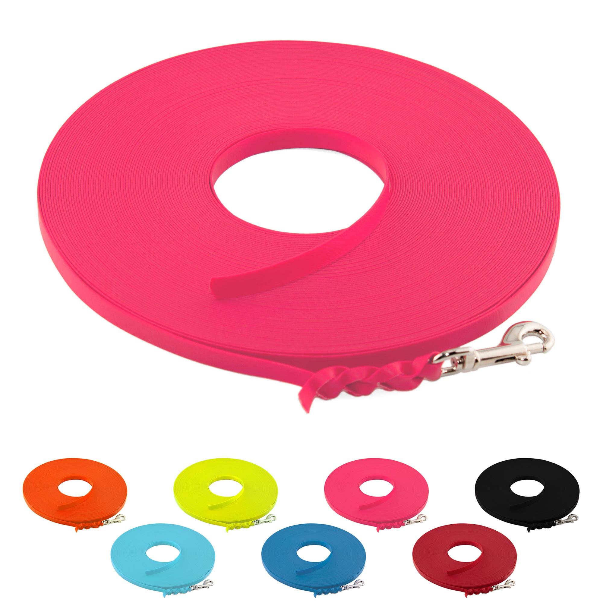 LENNIE Ultraleichte BioThane Schleppleine für Hunde bis 5kg, 8m lang, ohne Handschlaufe, Neon-Pink, geflochten, 9 mm