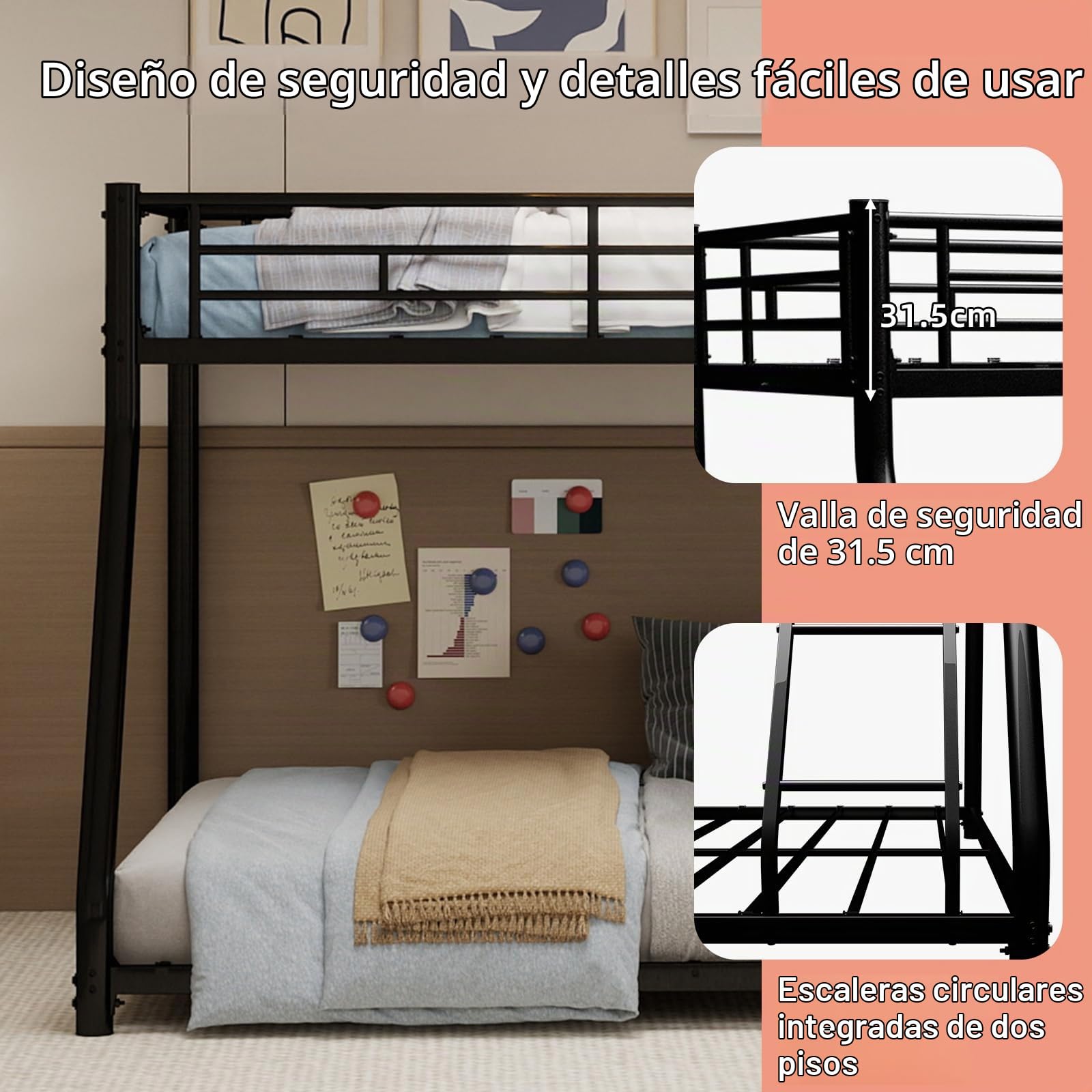 Zepneiy Litera con Superior Medida 90 x 190 cm e inferior Medida 140 x 190 cm, Cama entrepiso de 2 plazas con escalera y estructura de metal negro (sin colchón)