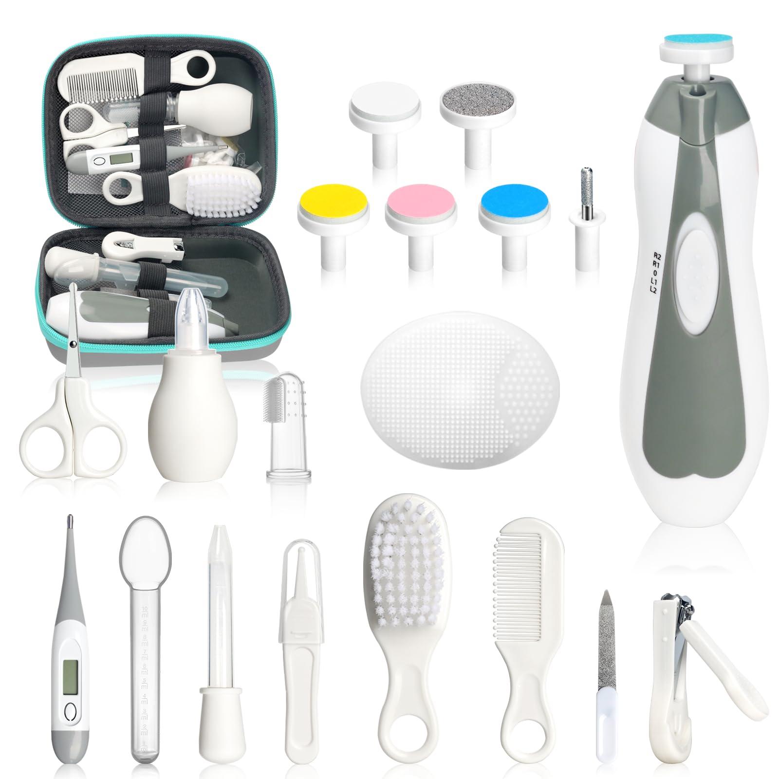 Kit de cuidado y aseo para bebés, kit portátil de seguridad para bebés, kit esencial para recién nacidos (gris y blanco, 20 en 1)
