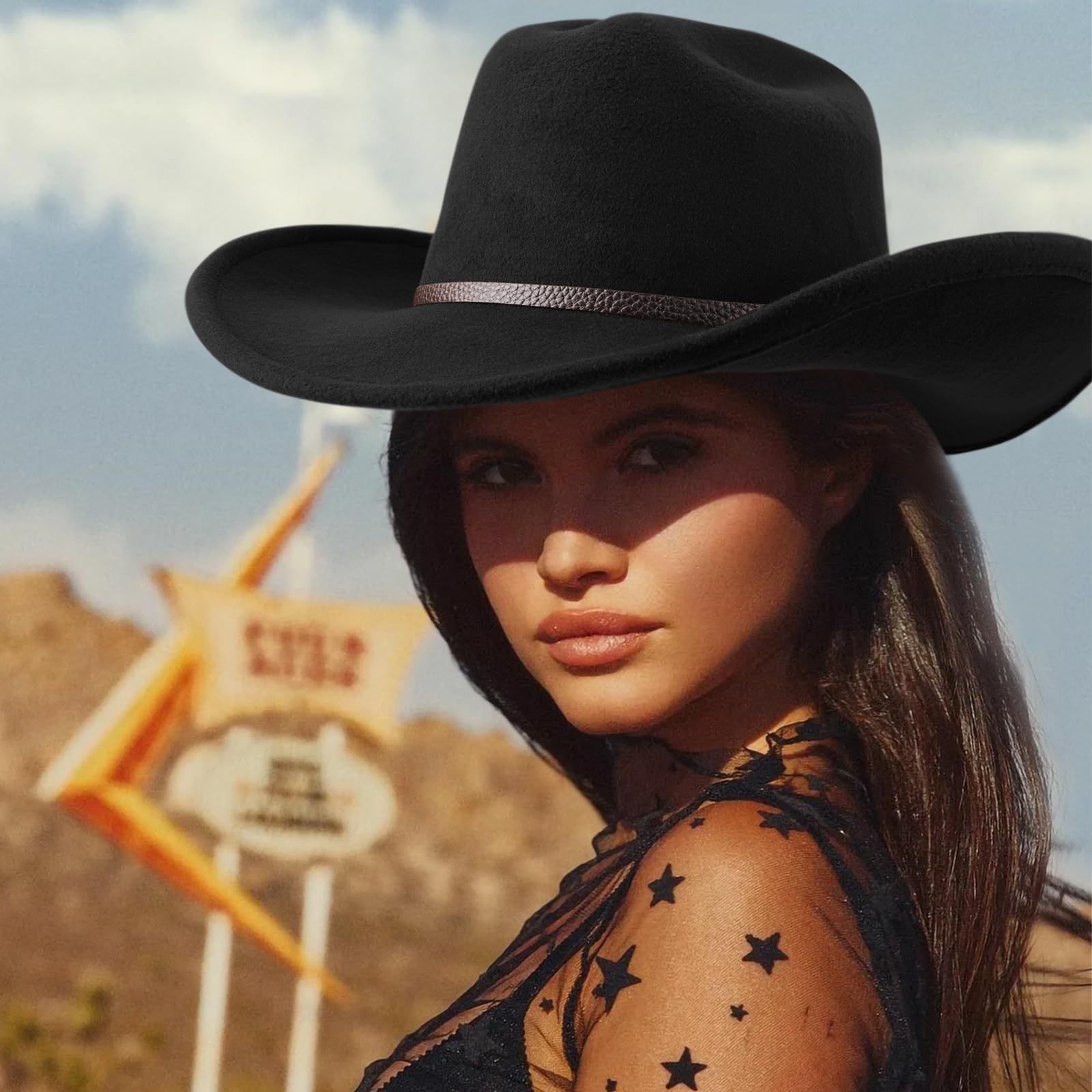 DRESHOW Cowboyhut für Damen & Herren Viehzüchter Western Filzhut Cowgirlhut mit Formbarer Breite Krempe und Schnallengürtel Unisex Aufrollbare Krempe Hut