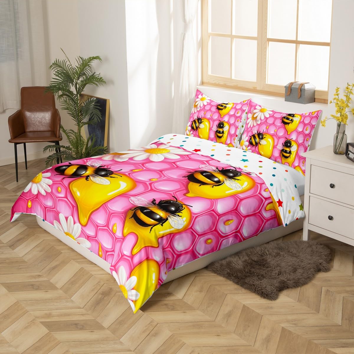 Cartoon 3D Bee Duvet Cover,Yellow Honey Pink Honeycomb Grid Bedding Set for Kids Girls Teens,Cute Daisy Wild Creature Print Rustic Style Comforter Cover with 1 Pillowcase(No Comforter) Toddler Size