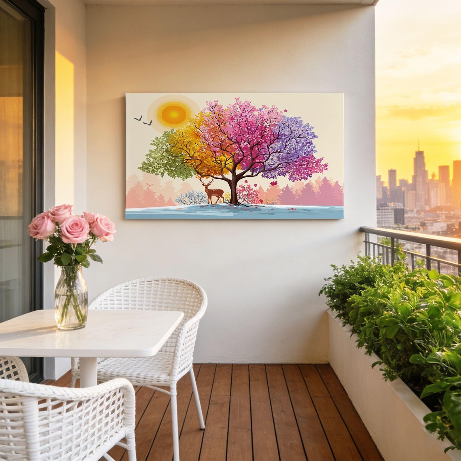 Wandbilder Wohnzimmer, 120 x 80 cm Vier Jahreszeiten Baum Hirsch Leinwand Bilder, Natur Schlafzimmer Aesthetic Büro Flur Esszimmer Treppe Arbeitszimmer, Bunt 1 Teilig Leinwandbilder