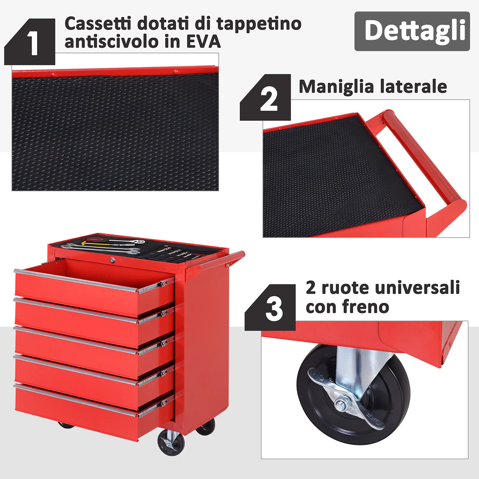 HOMCOM Carrello Porta Attrezzi a 5 Cassetti con Serratura, 4 Ruote e Maniglia, Carrello Officina in Acciaio 69x33x75cm, Rosso