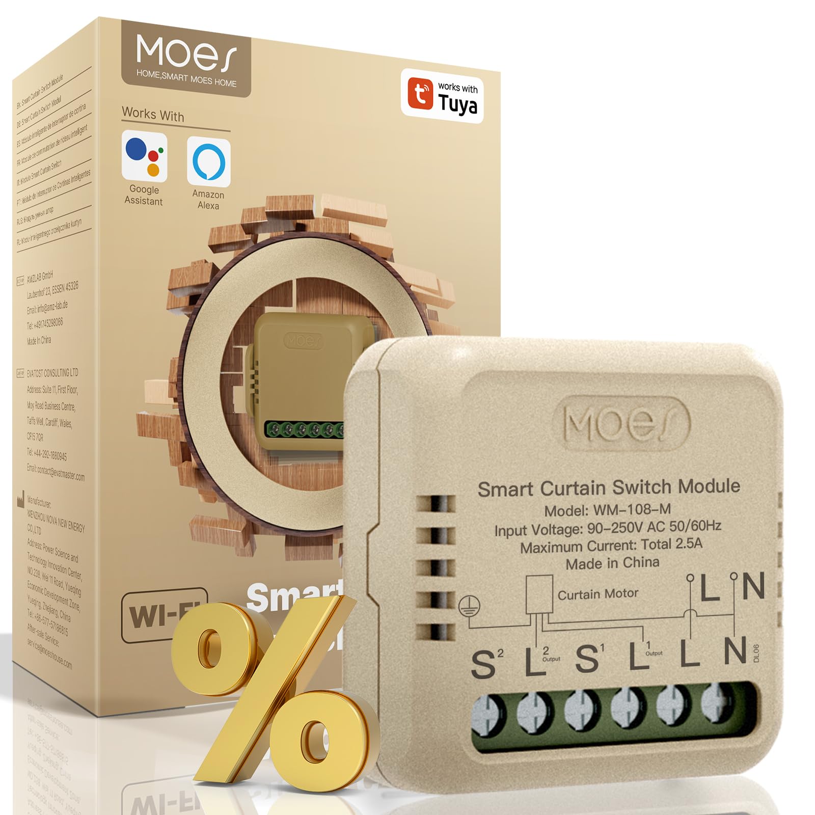 MOES Tuya WiFi Alexa Smart Interruptor de persiana Módulo, para persianas, temporizador, interruptor para motor de persiana, compatible con Alexa Google Assistant, MOES/Tuya/Smart Life App