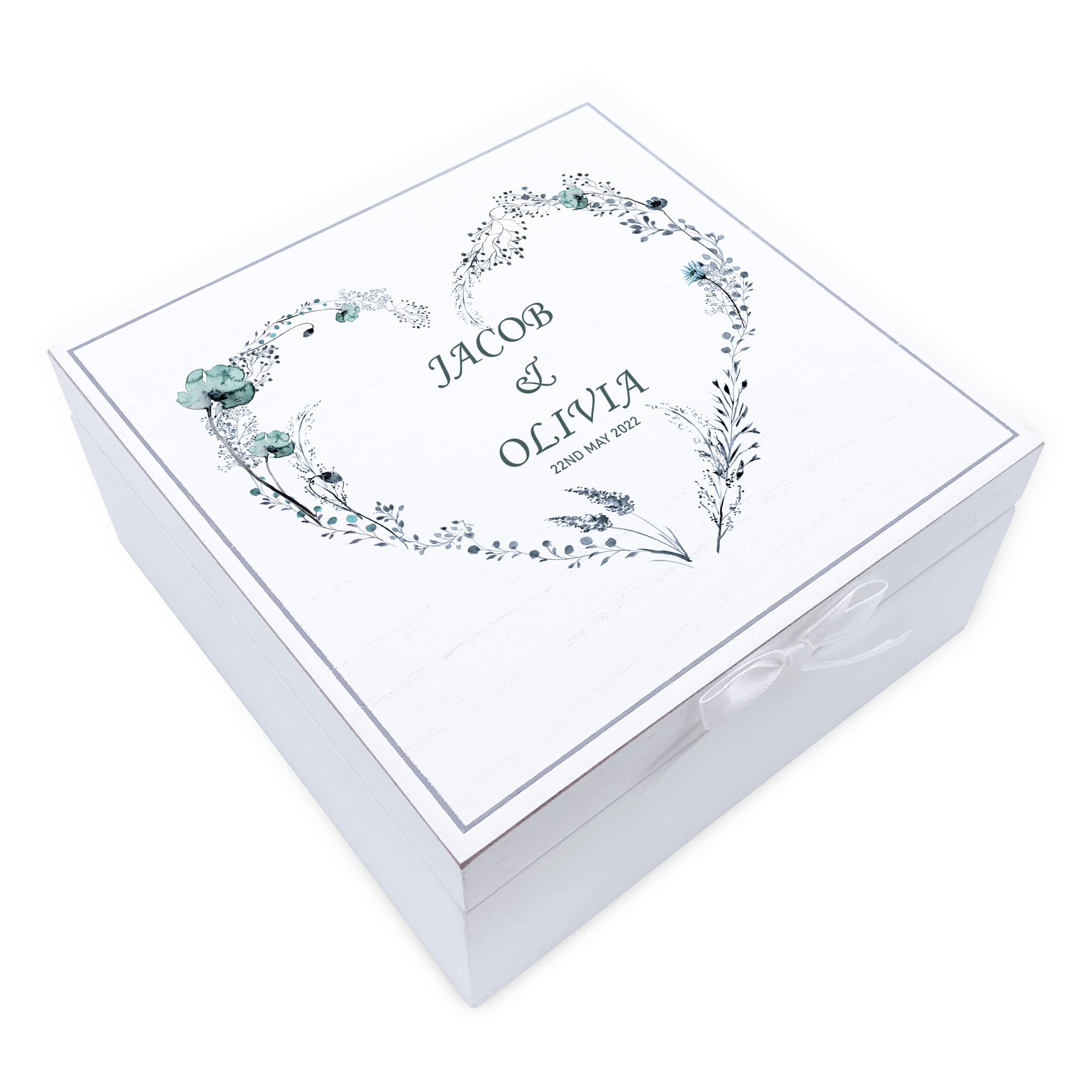 ukgiftstoreonline Personalised Wedding Day Vintage Wooden Keepsake Box Gift With Dusty Blue Floral Heart Print