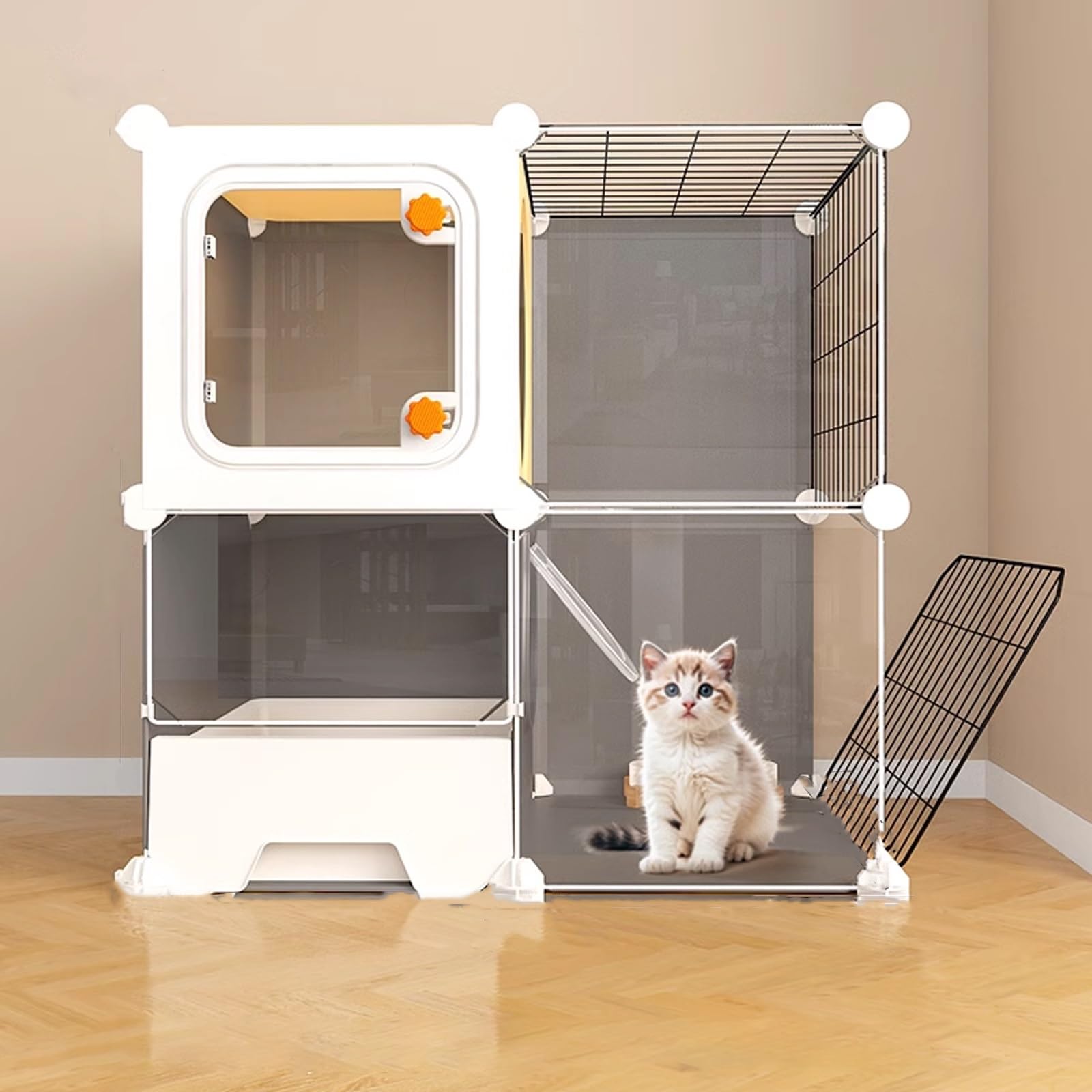 Cage pour chat intérieur avec litière intégrée pour un appartement propre et rangé