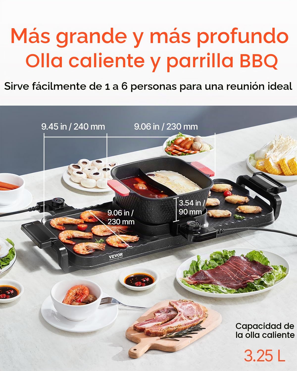 VEVOR Olla Caliente con Parrilla sin Humo 2 en 1 de 2300 W, con Sartén Antiadherente, Control de Temperatura Dual Independiente, Barbacoa Coreana de Interior para 1-6 Personas, 770 x 282 x 198 mm