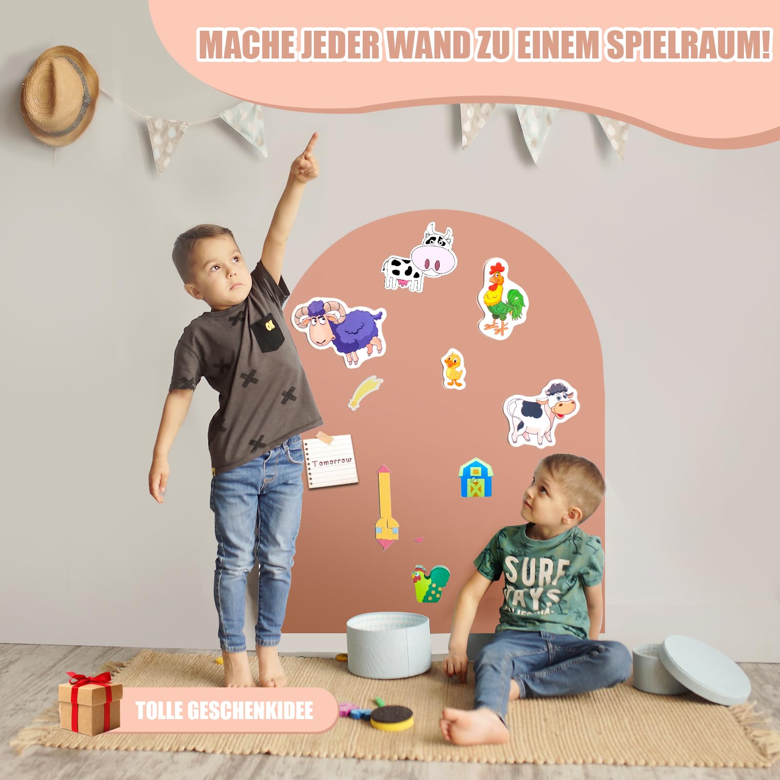 Tablica Magnetyczna Dla Dzieci 80 x 100 cm, Samoprzylepna Powierzchnia Kredowa Łuk z 3 Bezpyłowymi Kredami i Ściereczką, Idealny Prezent do Pokoju Dziecięcego（Mlecznej Herbaty）