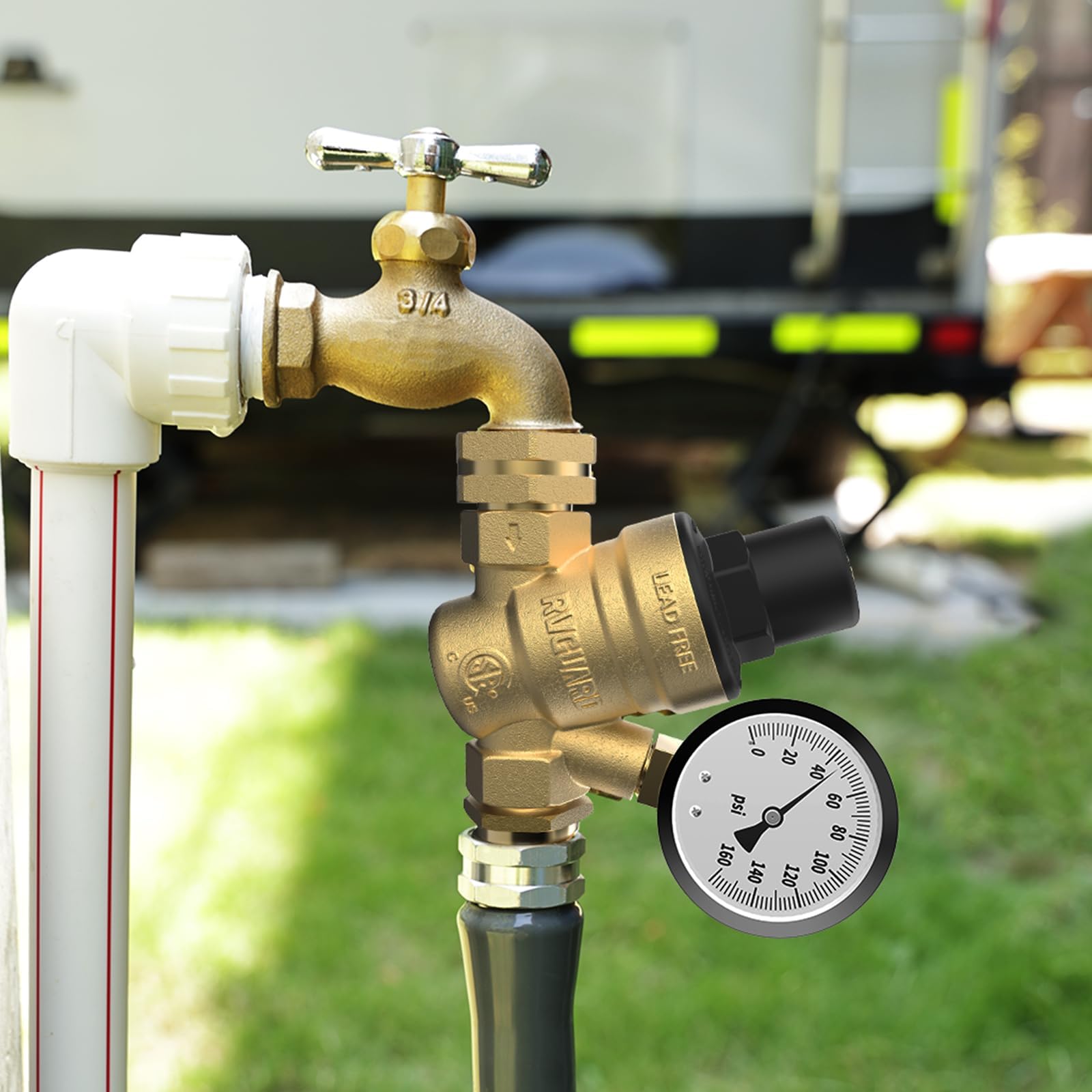 RVGUARD Válvula reguladora de presión de agua para RV, reductor de presión de agua ajustable sin plomo de latón con medidor y filtro de pantalla de entrada para caravana y remolque de viaje