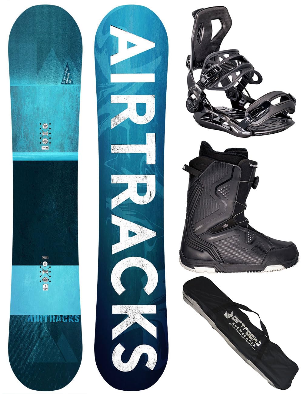 AIRTRACKS Snowboard Set Pack Planche Blue Drifter Wide Hybrid Rocker + Fixations Master + Chaussures + SB Sac 150 155 160 164 cm