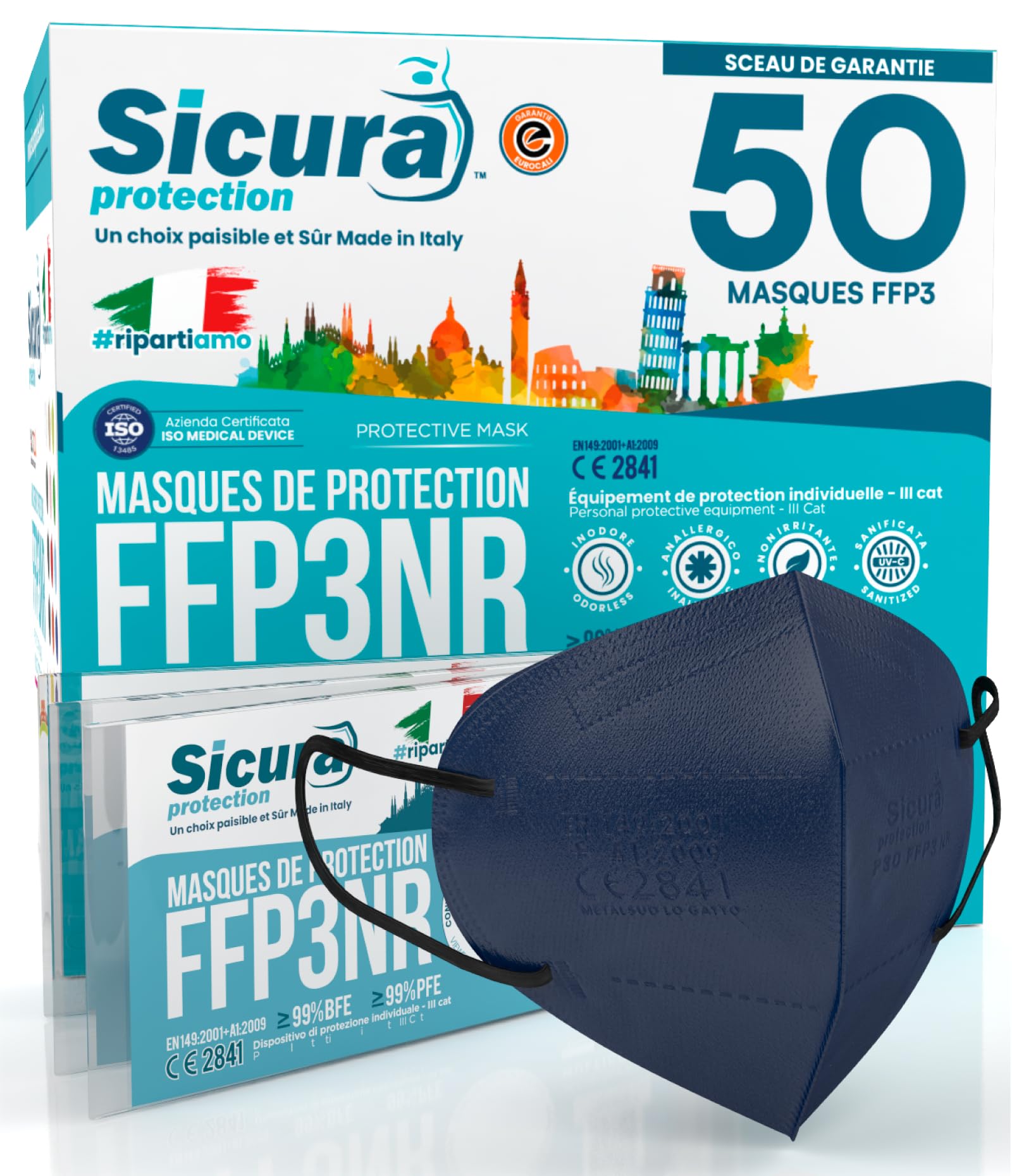 50x Masque FFP3 Bleu élastiques noirs certifié CE fabriqué en Italie Haute Filtration Plus élevée BFE ≥99% PFE≥99% Masques 50 pièces Scellés Individuellement UV-C Désinfectez