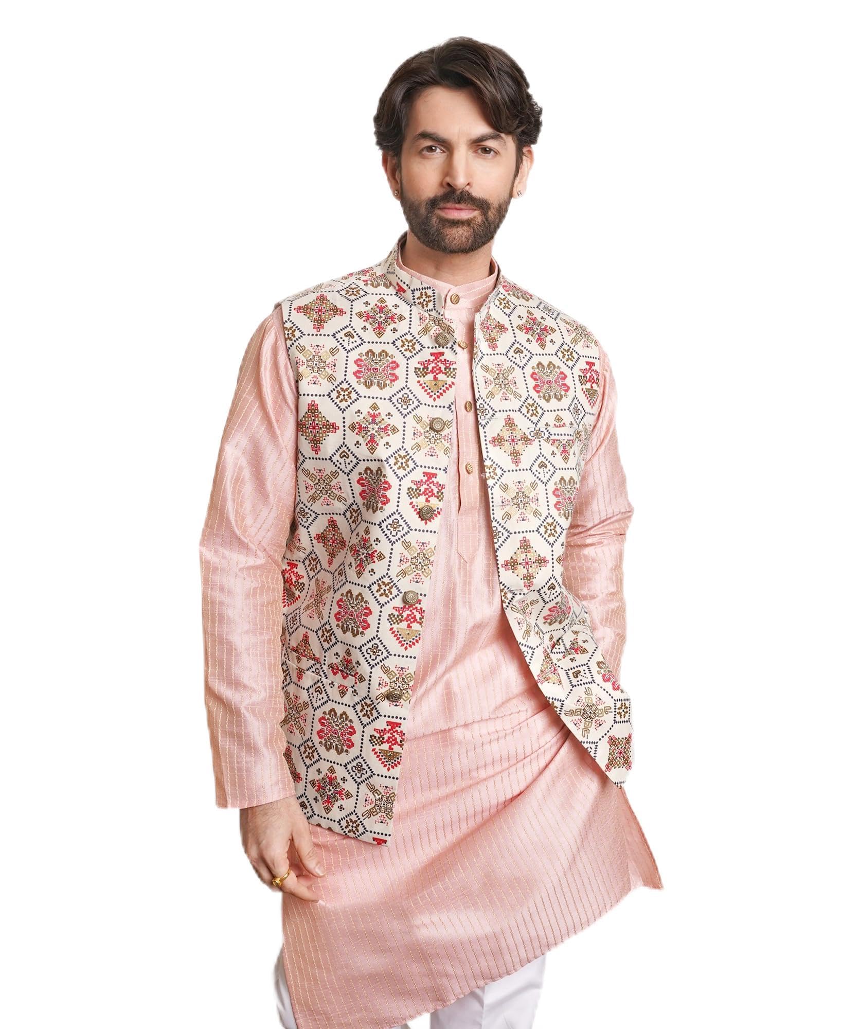 sojanya (Since 1958 Men's Silk Blend Striped Pink Kurta & White Pyjama with Printed Nehru Jacket-picture-10
