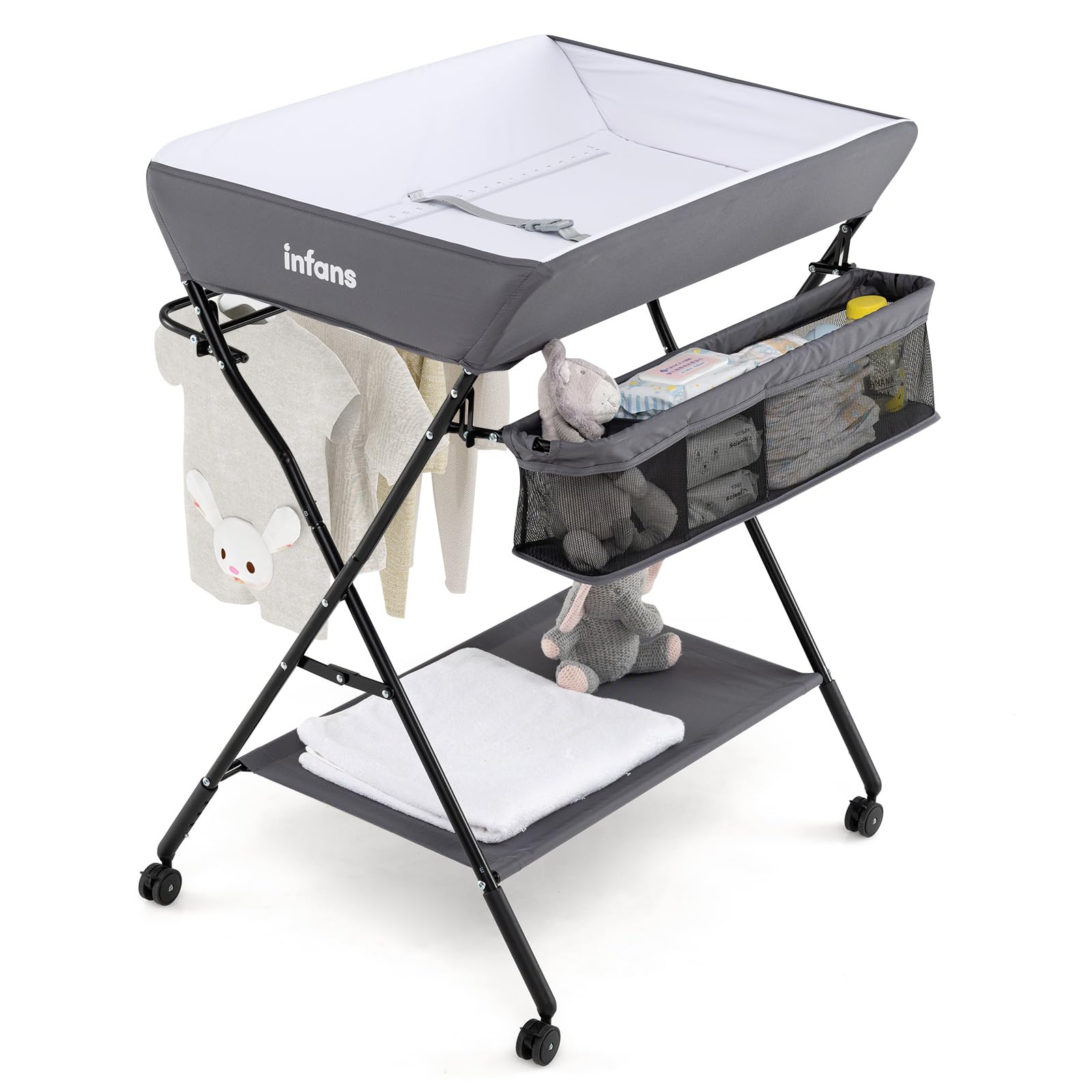 INFANS Baby Changing Table with Wheels, Portable Folding Diaper Station Nursery Organizer with Storage Basket, Hanging Rack, Adjustable Height, Safety