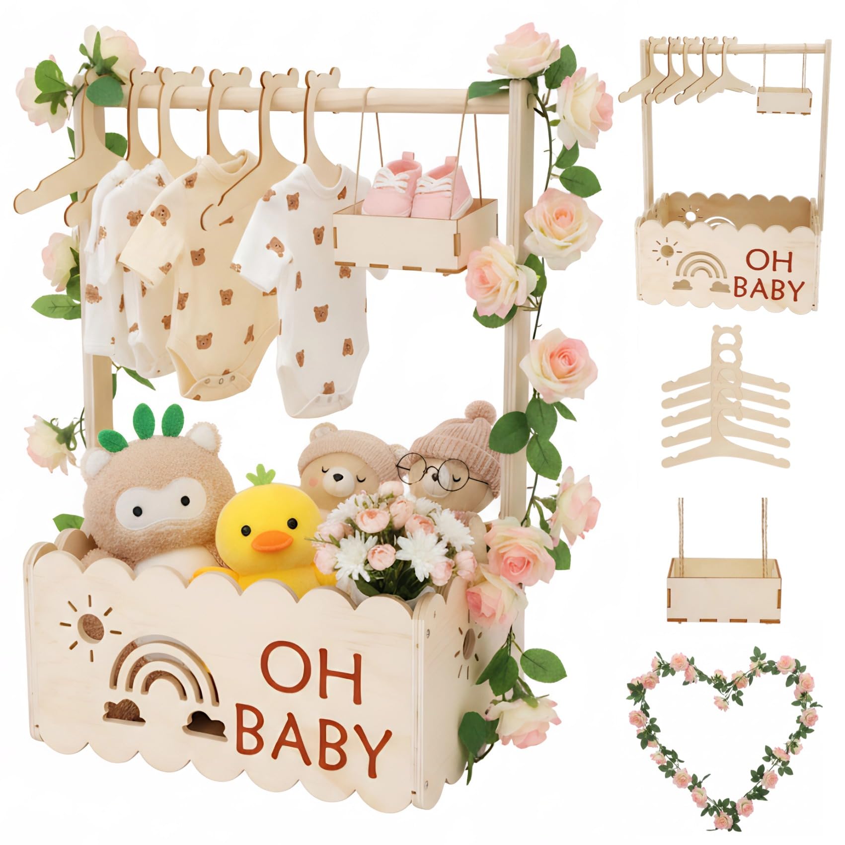 Gueiddi Baby Korb Geschenk, Babyparty Geschenk Baby korb mit Griff, Kinder Kleiderbügel, Girlande und kleine Schublade für Neugeborene Babyparty Neue Eltern (Rosa Rosenholz-Holzkiste)
