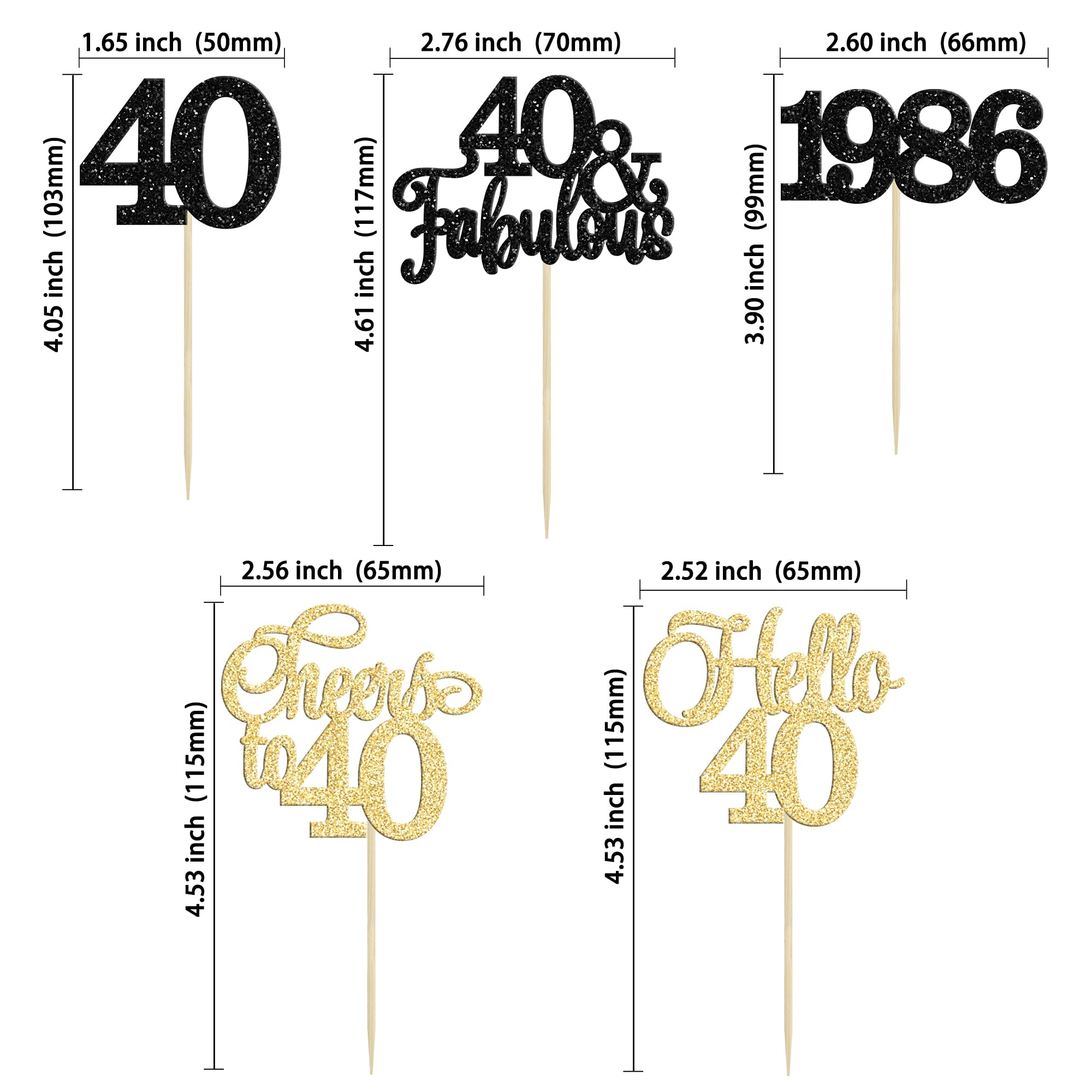 Gyufise 30Pcs 40th Birthday Cupcake Toppers 40 Fabulous Cupcake Picks Cheers to 40 1986 Cake Decorations for Happy 40th Birthday Wedding Anniversary Party Decoration Supplies Gold Black - Image 2