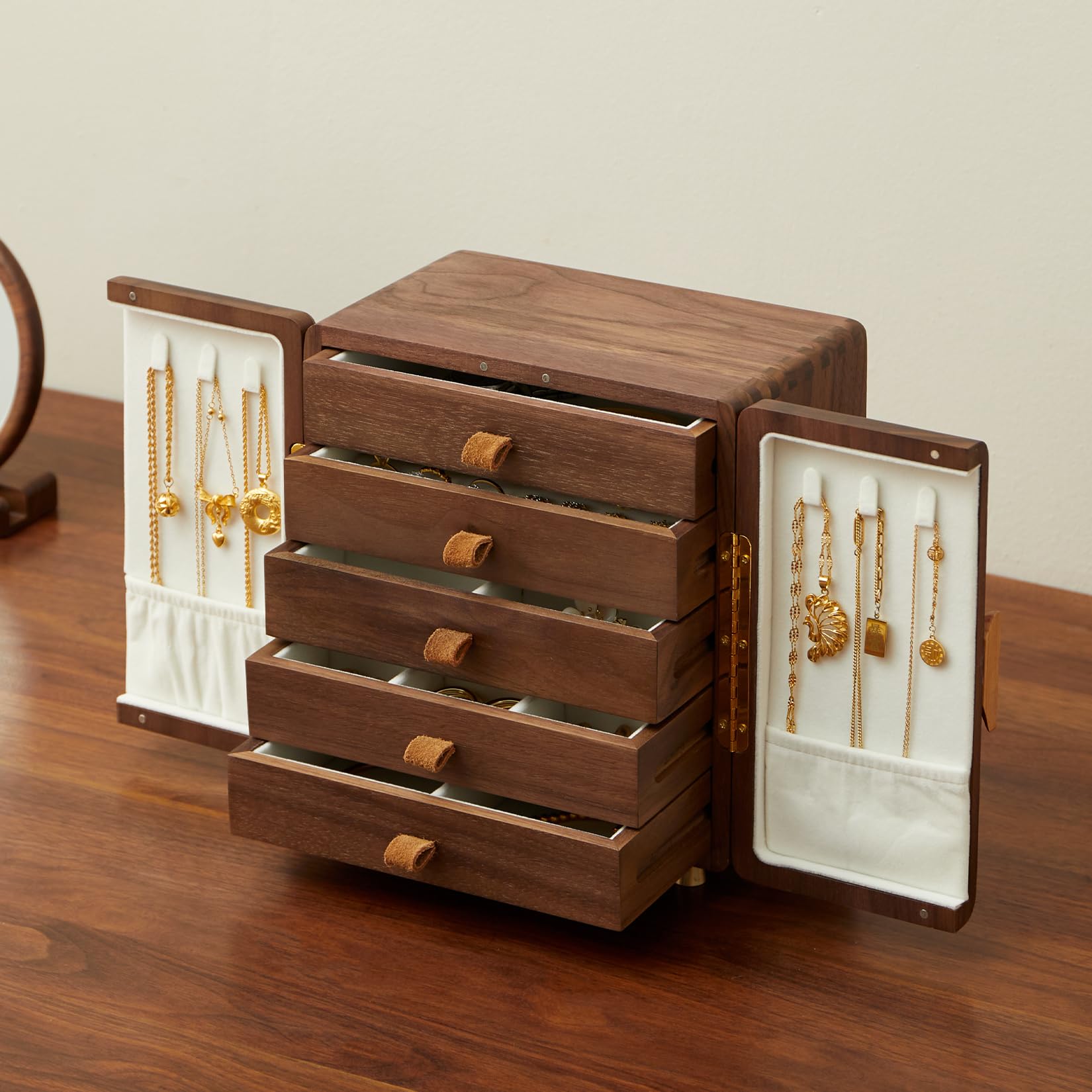 Solid Black Walnut Wood Jewelry Box for Women Men Large Velvet Lined Wooden Jewelry Organizer with 5 Drawers
