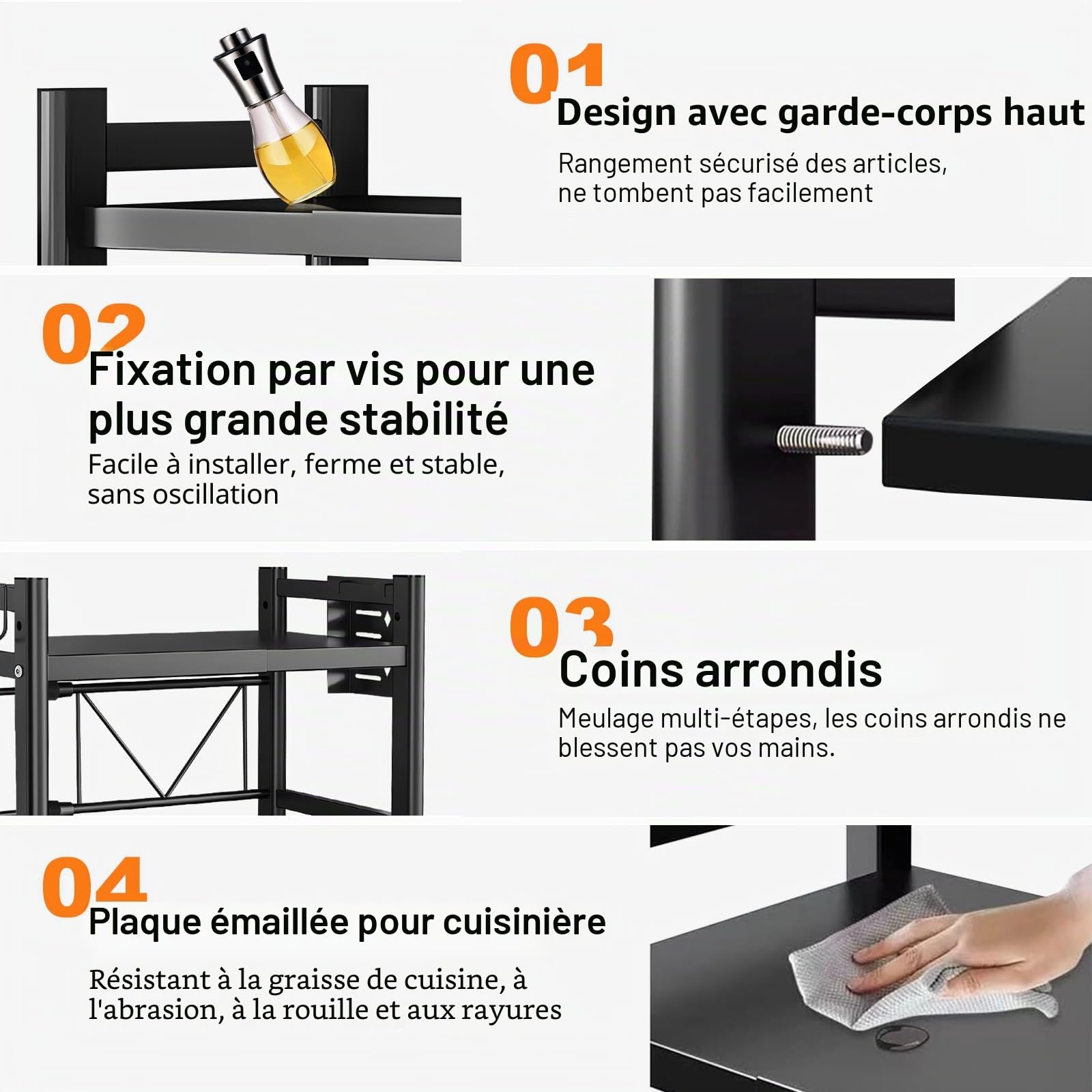 Étagère Extensible à 3 Niveaux pour Micro-Ondes, réglable pour comptoir de Cuisine et Rangement au-Dessus du Four à Micro-Ondes, Couleur Noire