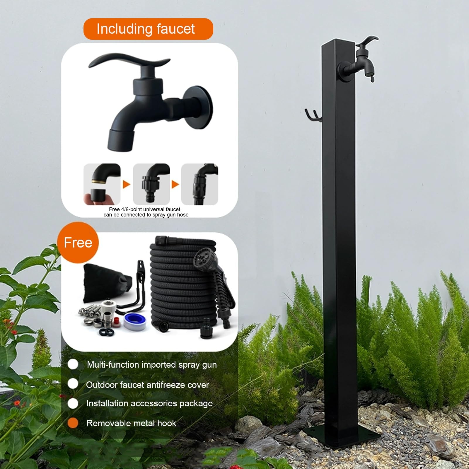 Colonna d'acqua autoportante per esterni, dispenser nero per rubinetto da pavimento per irrigazione da giardino, anti-perdite, elegante fontana d'acqua per cortile e patio.