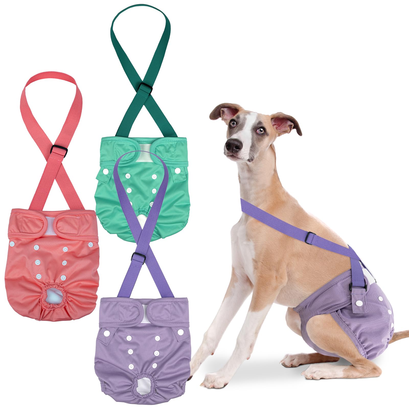 Pet Soft Dog Diapers Female with Suspenders, 3 Pack Reusable Female Dog Diapers for Heat, Dog Period Panties for Doggie in Cycle(Large, Pinkycolor)