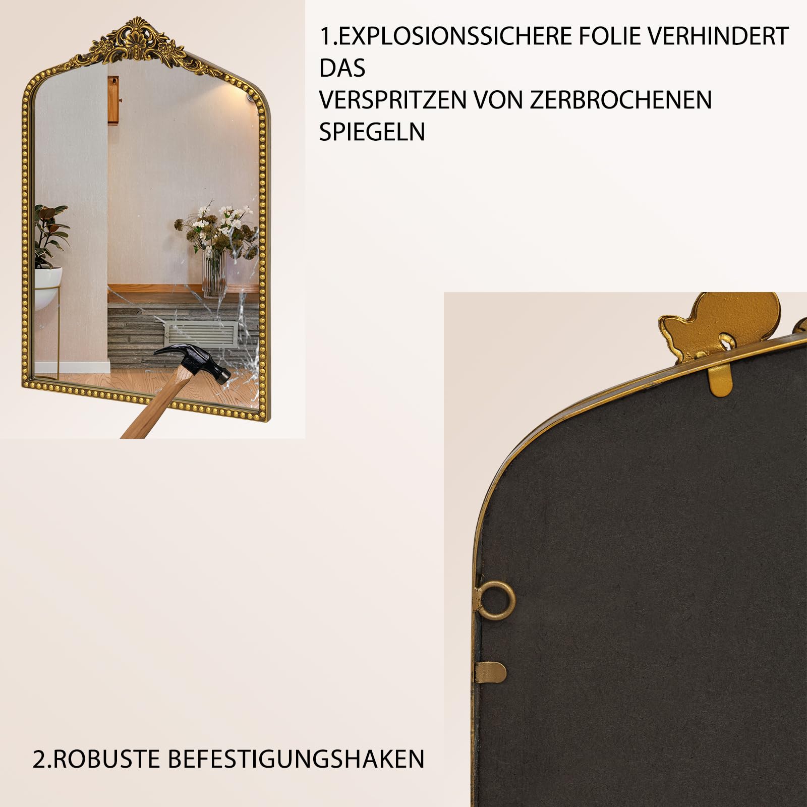 Gold Barock Spiegel Antik-Vintage mit Goldrand & Bögen Dekorativer Halbrund Spiegel als Wanddekoration für Wohnzimmer, Flur Prunkvoller Wandspiegel im Barockstil，Größe: 48 x 71.5 cm