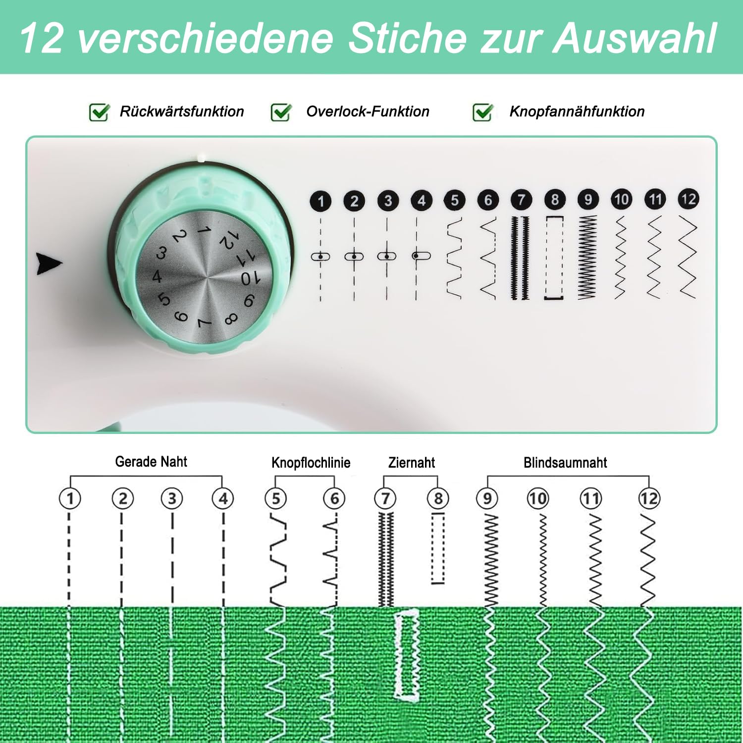 Nähmaschine für Anfänger 12 Stiche Elektrische Nähmaschine für Kinder & Erwachsene, Tragbare Nähmaschinen mit Zubehör-Set, Ideal für DIY, Heimhandwerk & Reparatur, Grün