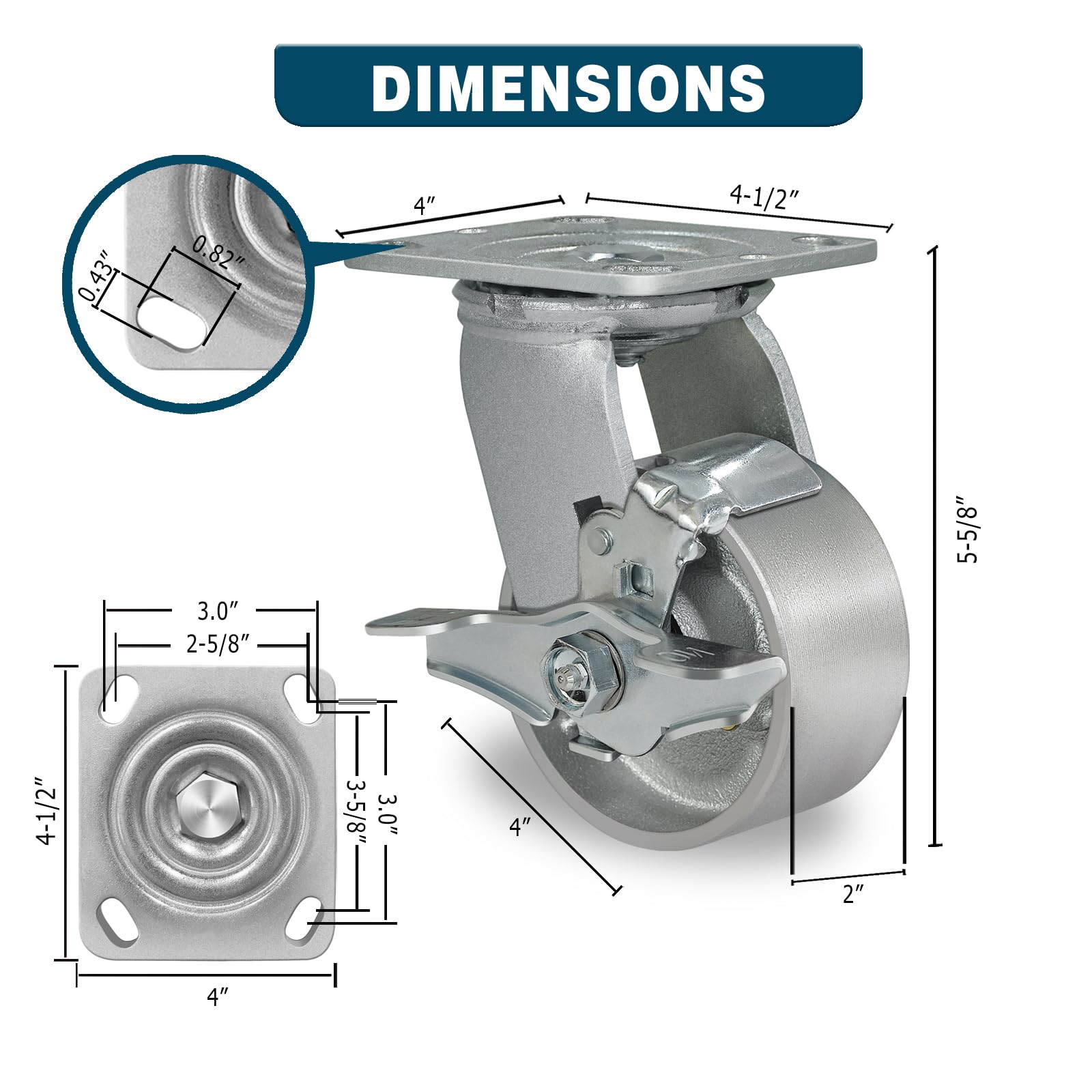 Lot de 4 roulettes de 10,2 x 5,1 cm, robustes industrielles, rigides et à frein avec roulement à rouleaux, roues semi-en fonte d'acier – Capacité de 1451,5 kg par lot de 4