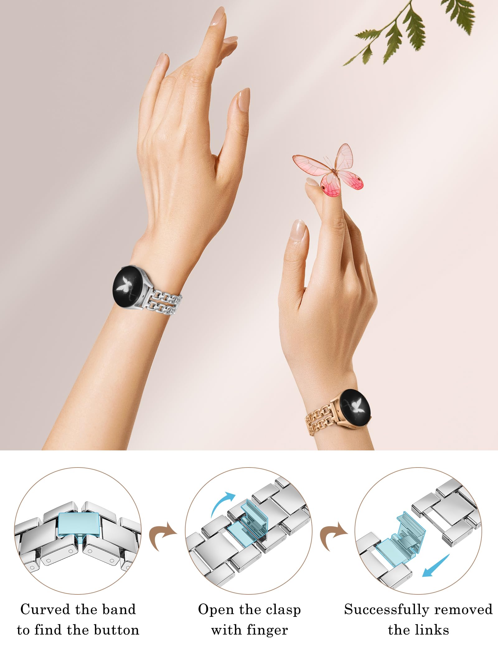 Wearlizer Bracelet en métal compatible avec Samsung Galaxy Watch 7 6 5 4 FE Active 2 40 mm 44 mm/6 4 Classic 43 mm 47 mm 42 mm 46 mm/Watch 5 Pro 45 mm, bracelet élégant en acier inoxydable de 20 mm