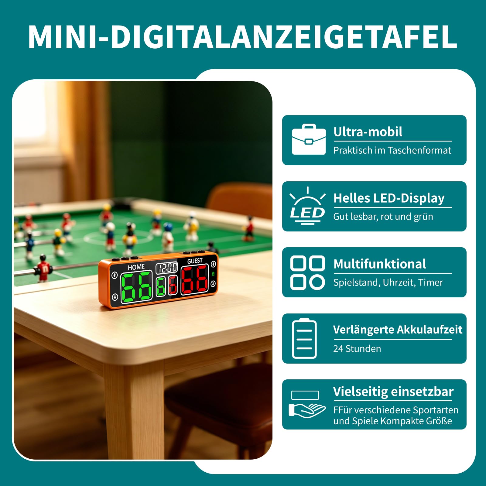 Mini Digital Scoreboard 13x2.35x3.9cm - Tragbare Elektronische Anzeigetafel mit Summer für Turnier-Punktestand, 6-Stellige Anzeigetafel für Tischspiele, Tischtennis, Basketball, Cornhole