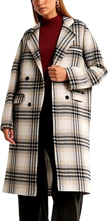 CHARTOU Women Long Wool Plaid Pea Coat Double Breast Midi Long Trench Peacoat Overcoat with Belt