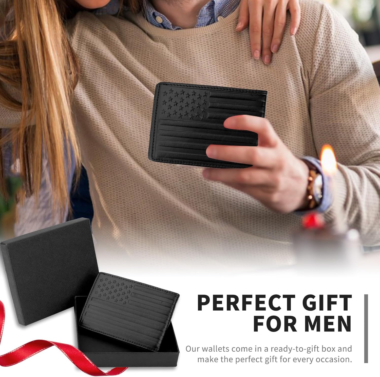 Full Grain Leather Bifold Wallets, RFID-Blocking, Western Wallets with 12 Slots (Black, US Flag), Men's Gift - Image 7