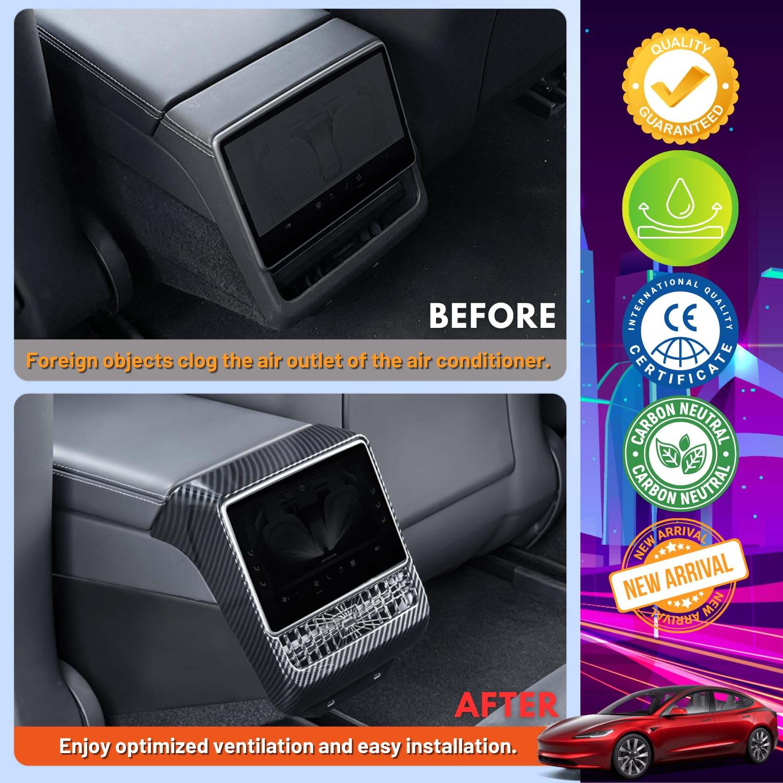 Cache d'aération de console centrale arrière pour Tesla Model 3 Highland 2024 en fibre de carbone - Accessoires de décoration intérieure - Cadeaux pour les propriétaires de Tesla