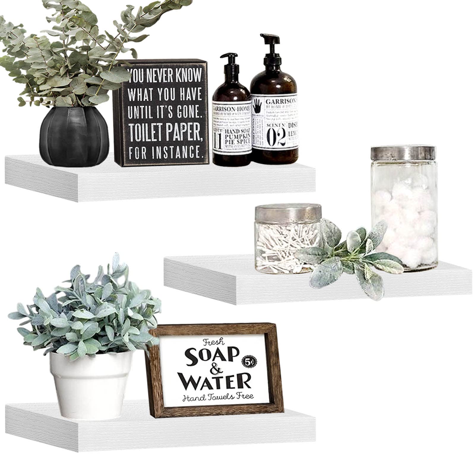 QEEIG White Floating Shelves for Wall Bathroom Shelf Bedroom Kitchen Farmhouse Modern Small Book Shelf Set of 3 (015-W3)