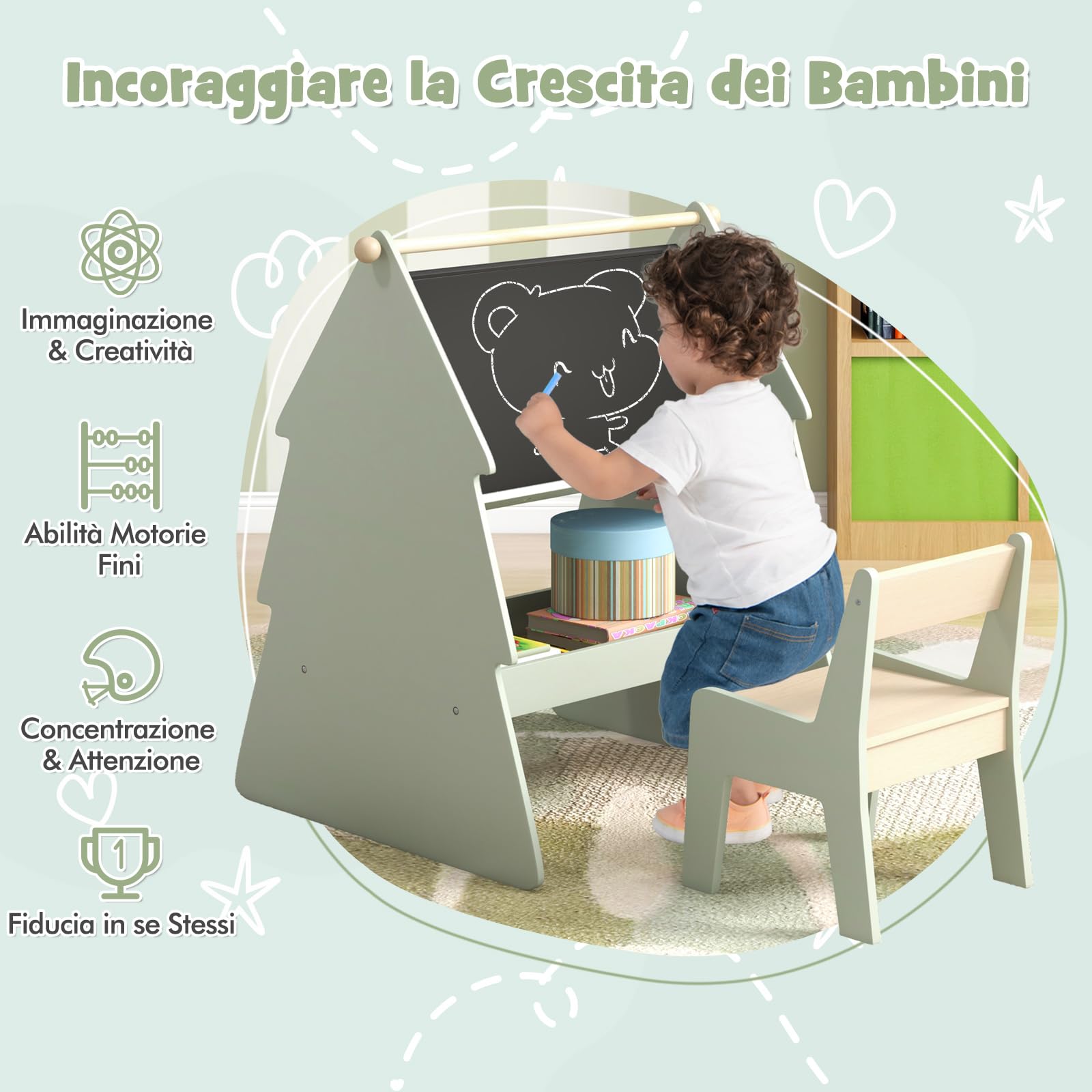 RELAX4LIFE 2 in 1 Lavagna per Bambini Bifacciale, Set di Cavalletto Artistico a Forma di Albero con Sgabello, Rotolo di Carta, Scaffale di Stoccaggio, 68 x 60 x 80 cm, per Bambini 3+ Anni