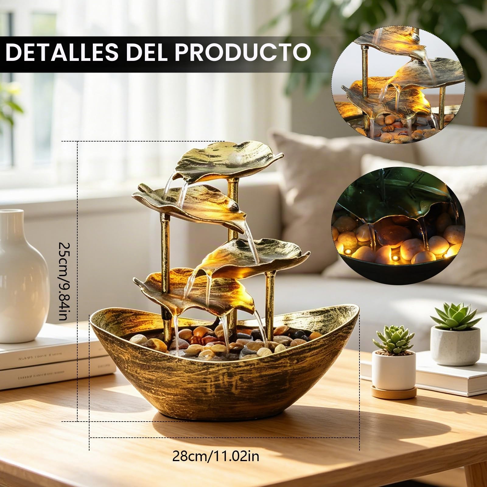 Fuente Agua Decorativa, Fuente de Mesa con Cascada de Hoja de Loto en Lingotes, Fuentes Decorativas de Agua Interior con Iluminación LED para la Decoración del Hogar Oficina Jardín Salón